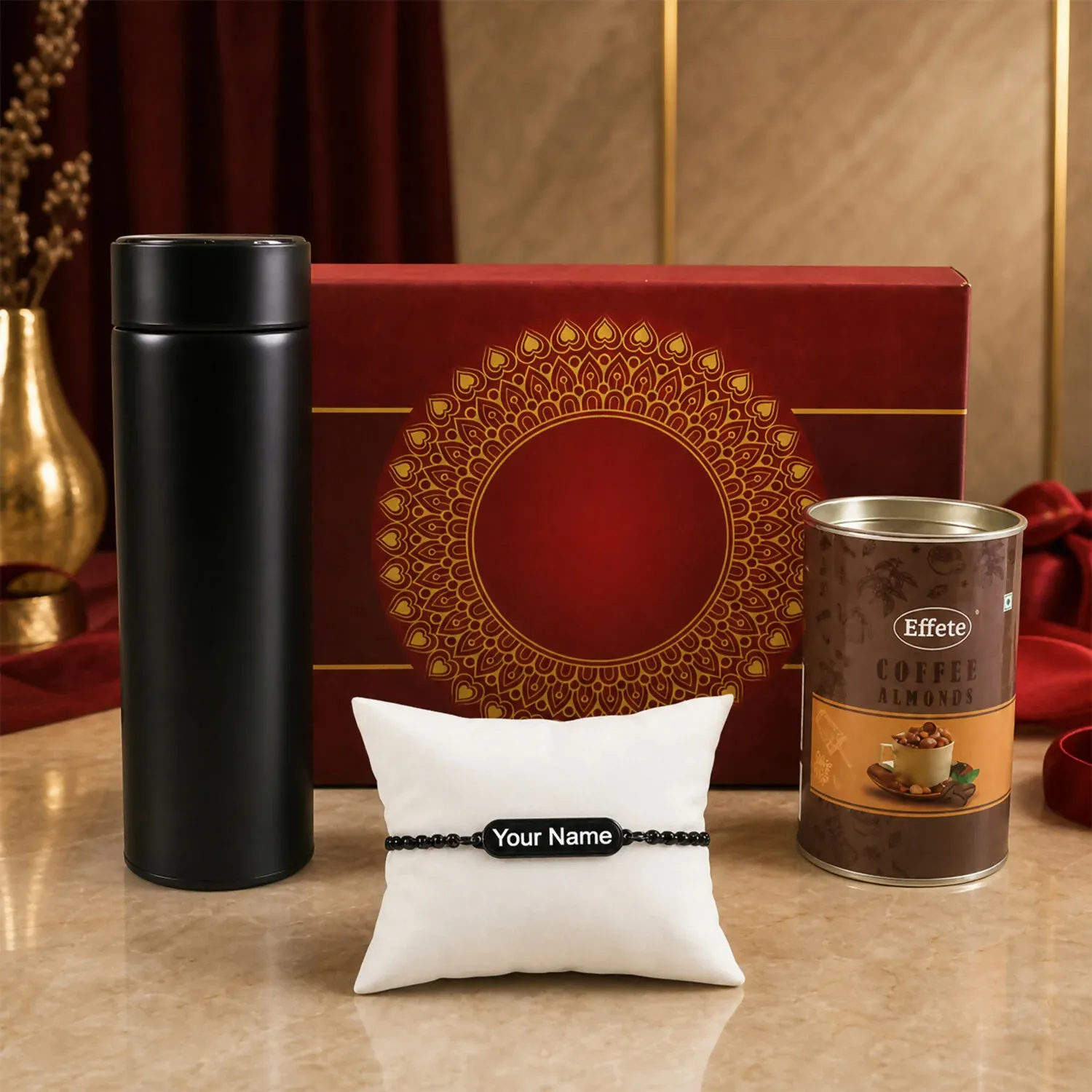 Premium Customize Black Rakhi – Elegant Gift for Brothers with Chocolate & Bottle - Buy Online at Alikart