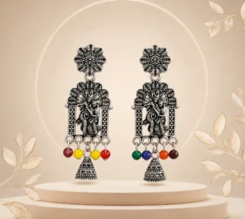 Oxidised Silver Earrings – Traditional Beaded Jhumka for Women