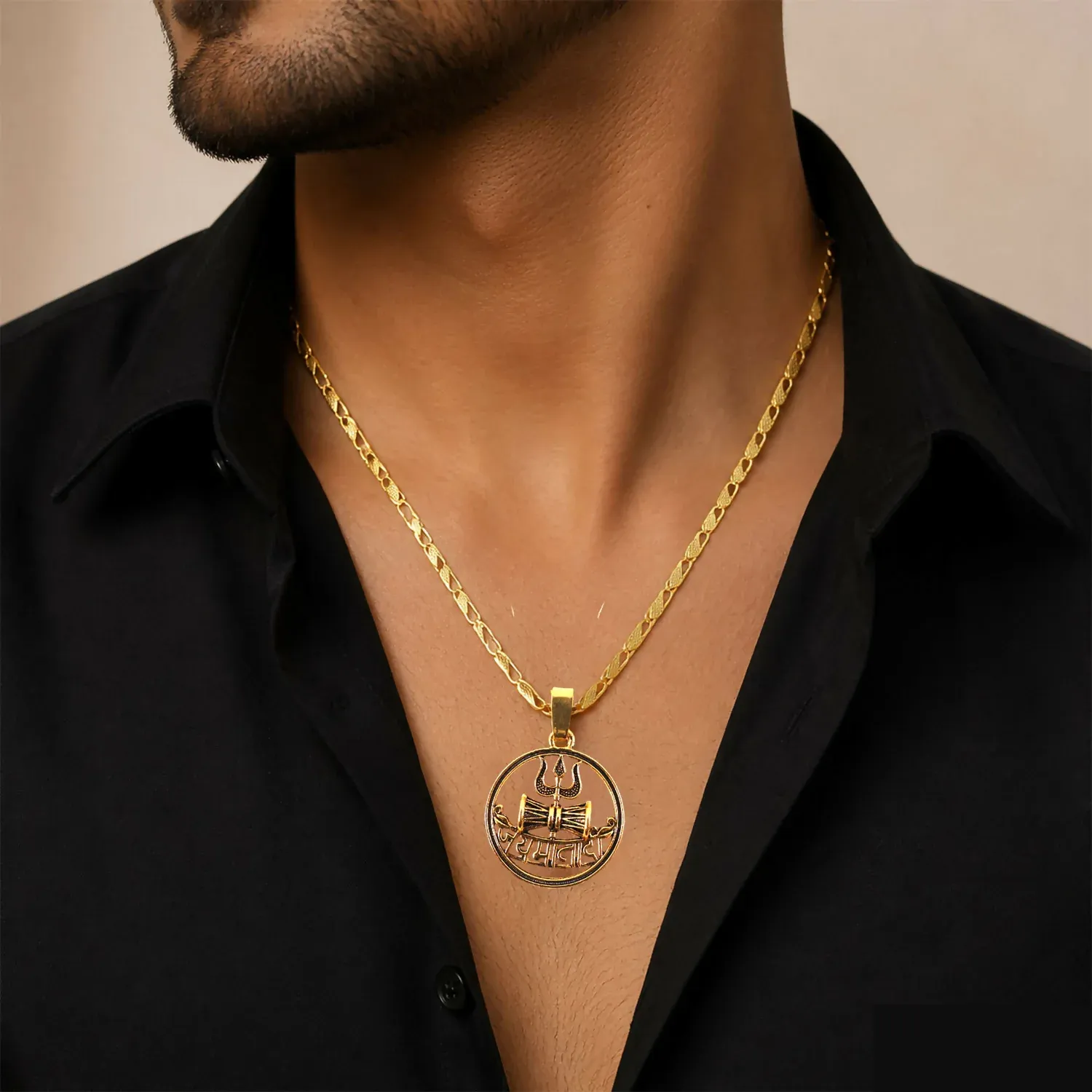 Gold Finish Mahakal Trishul Damru Pendant Chain – Divine Symbol Jewelry - Detailed Feature View 3