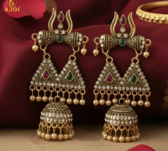 Shiv Trishul Jhumka Earrings – Antique Gold with Stone Work