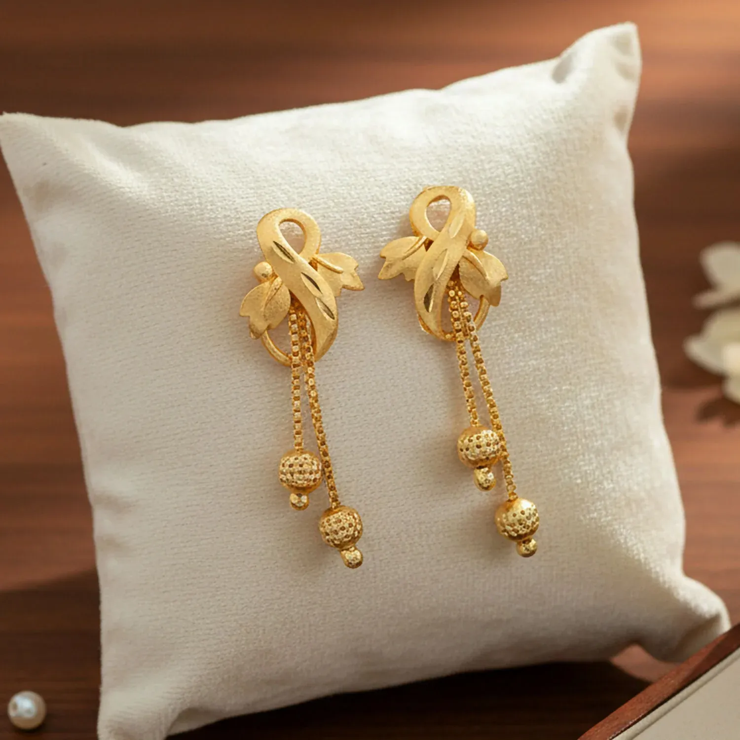 Premium Gold Drop Earrings – Leaf Motif & Cascading Chain Design - Buy Online at Alikart