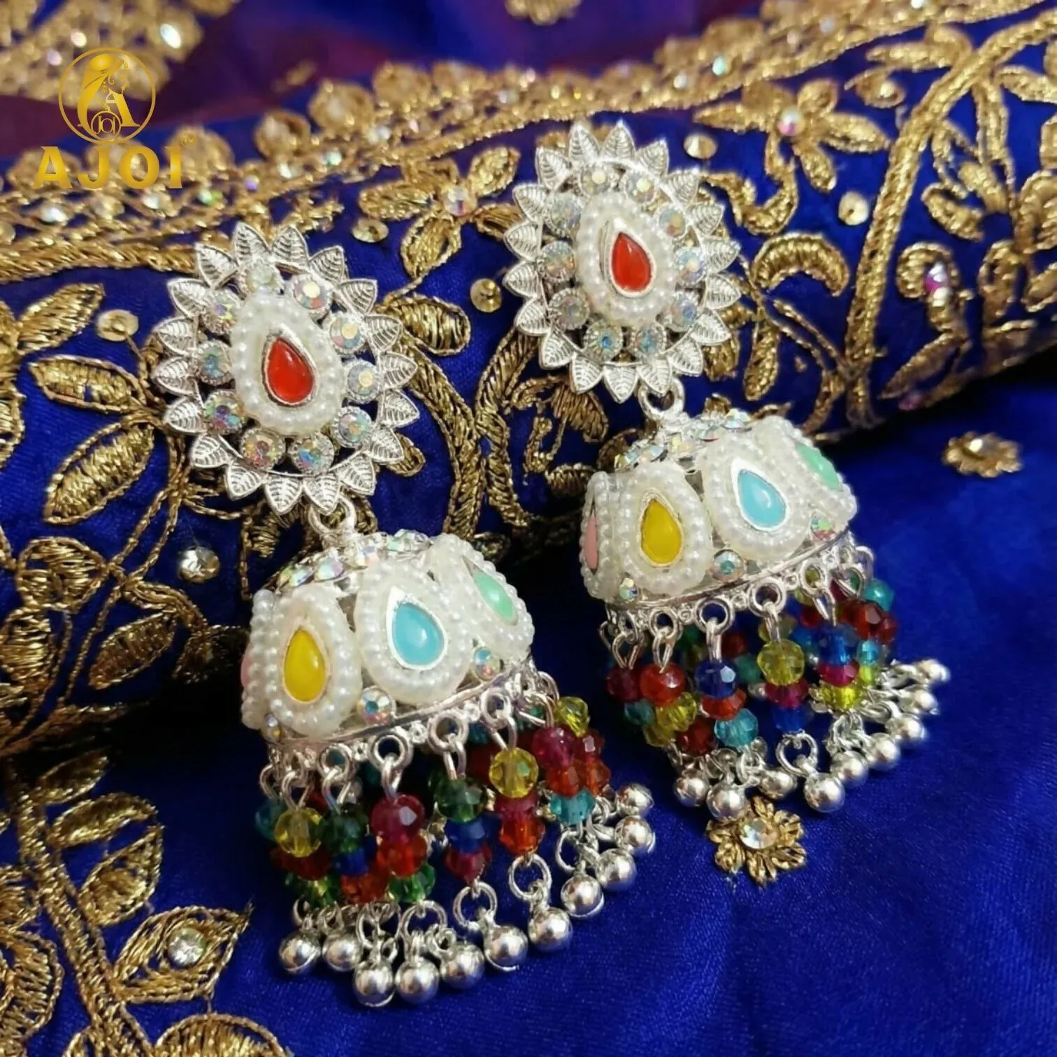 Silver Kundan Jhumka Earrings – Multicolor Tassels & Pearl Accents - Detailed Feature View 2