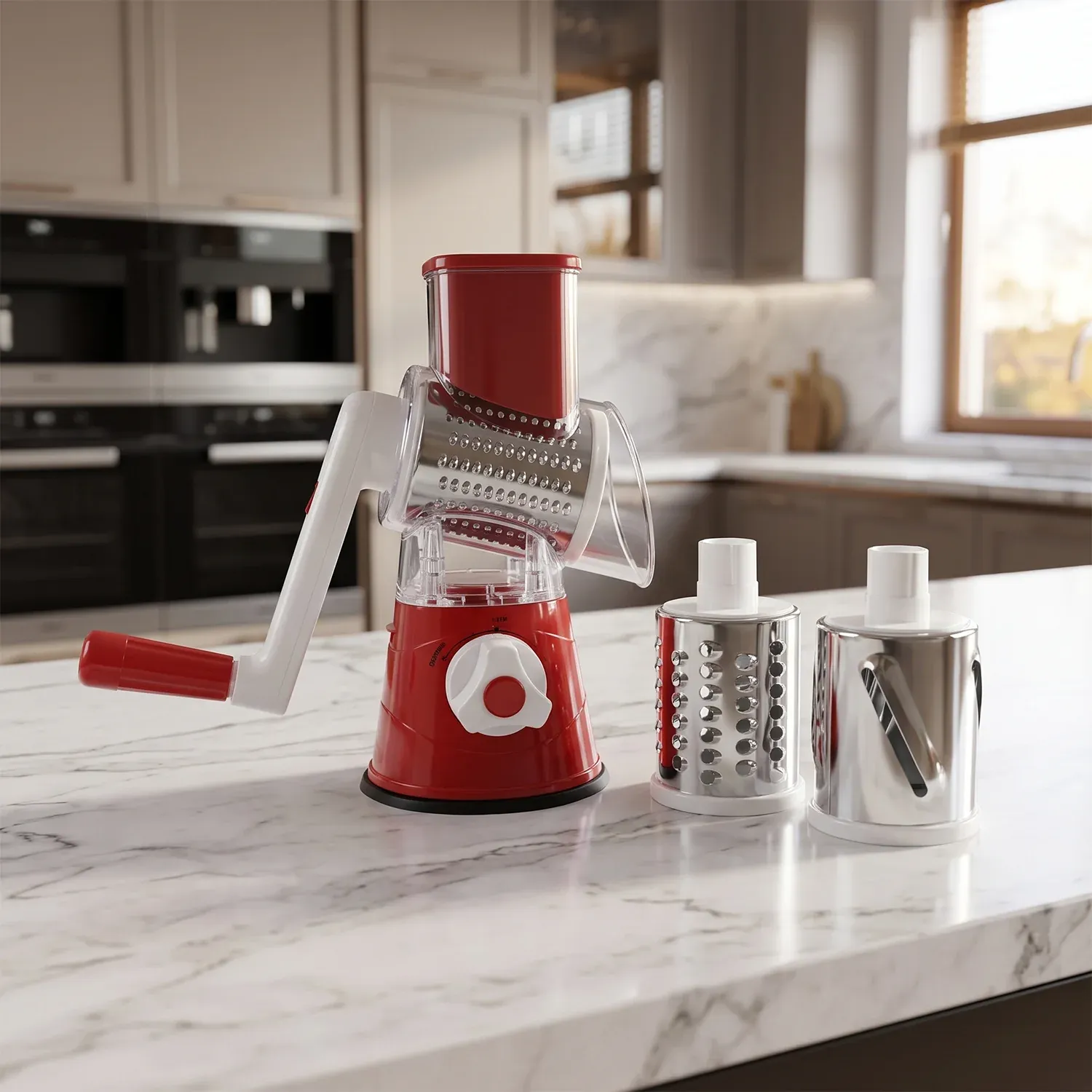 Manual Rotary Drum Grater and Slicer, Stainless Steel 3 Drum Vegetable Cutter (1 Set) - Detailed Feature View 2