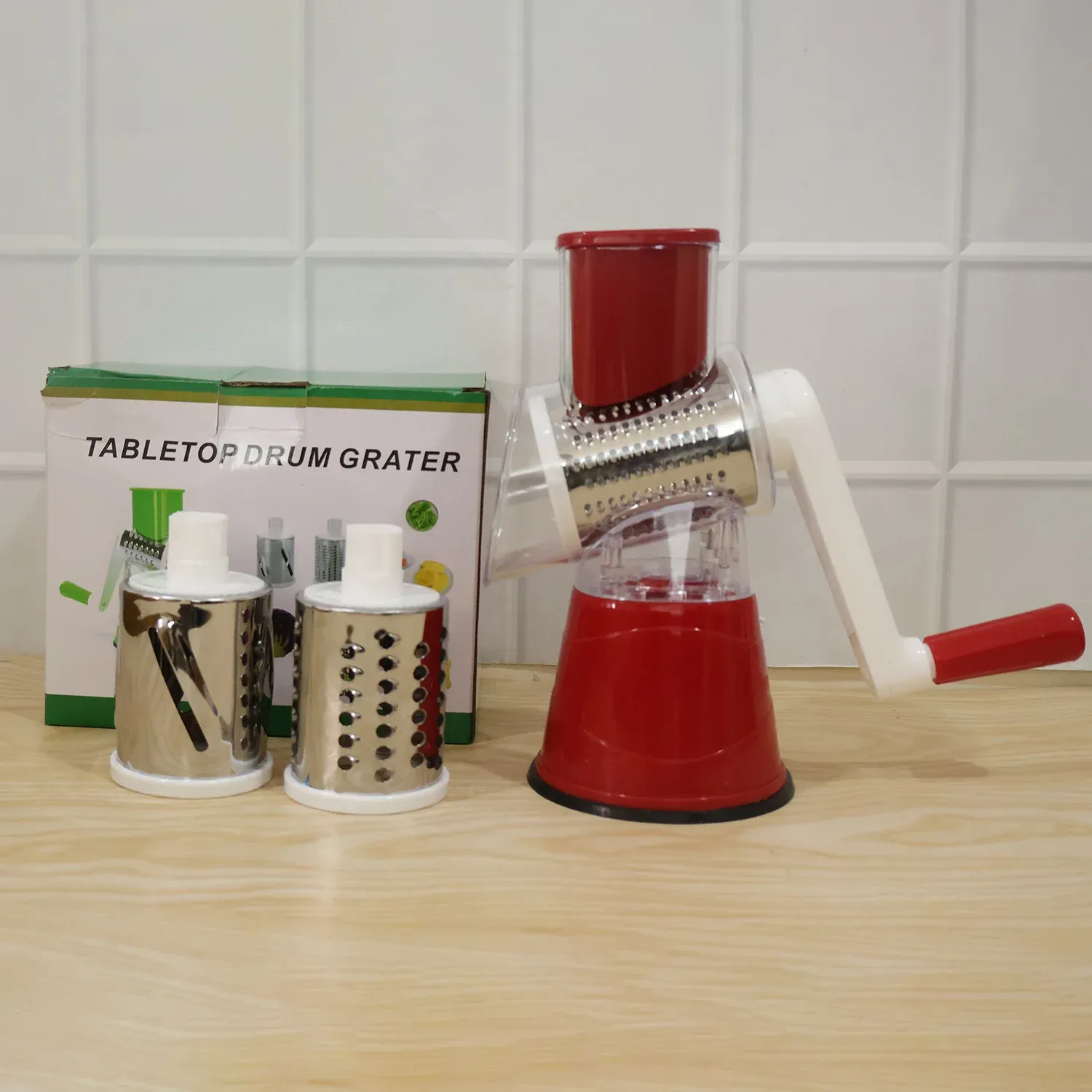 Manual Rotary Drum Grater and Slicer, Stainless Steel 3 Drum Vegetable Cutter (1 Set) - Detailed Feature View 9