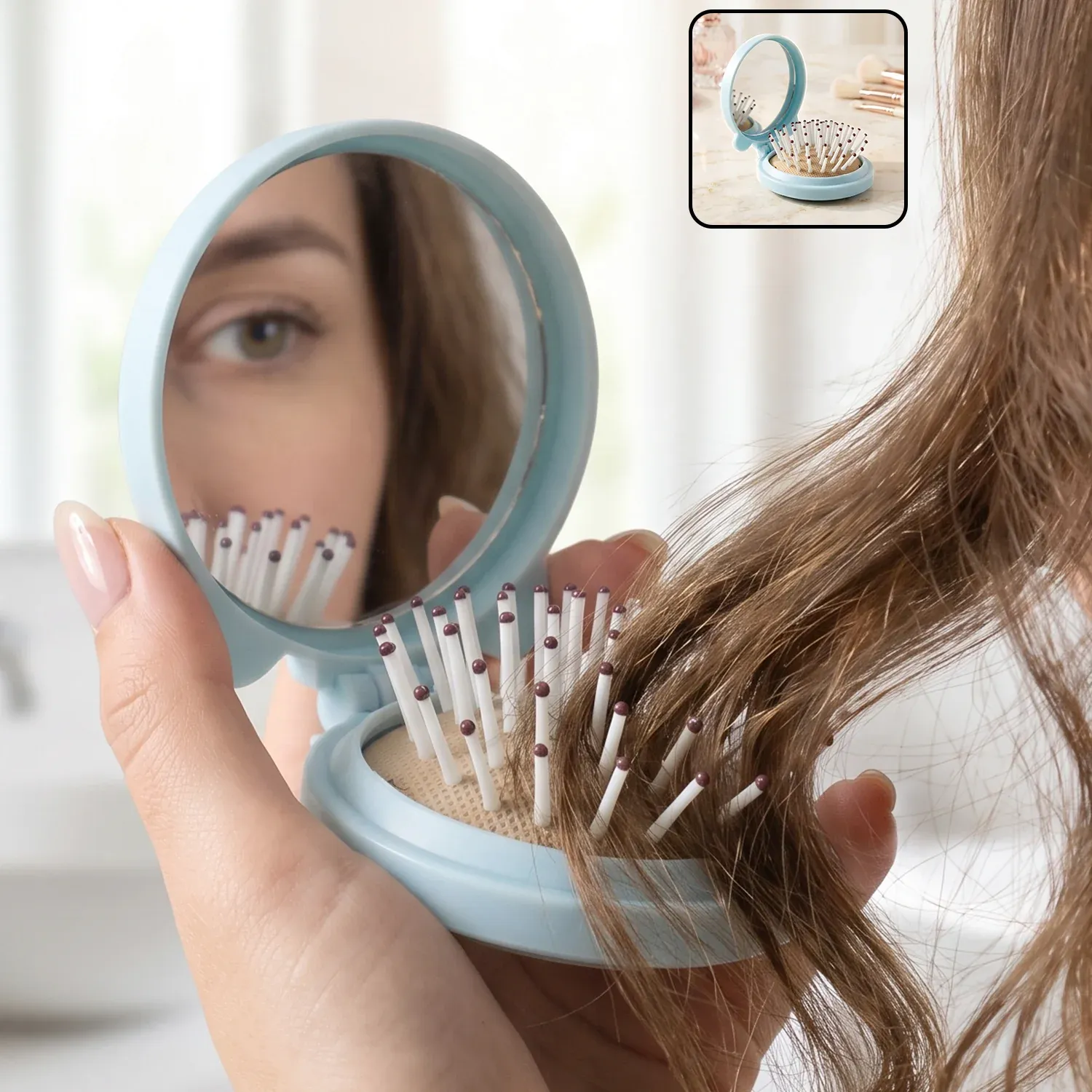 Premium 2 in 1 Folding Hair Brush with Mirror Compact Pop Up for Travel (1 Pc) - Buy Online at Alikart