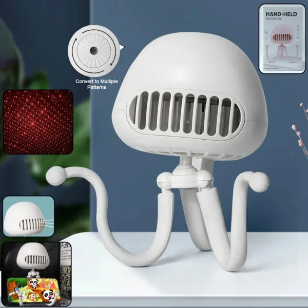 Handheld Mini Fan with LED Star Projector & Flexible Tripod Stand