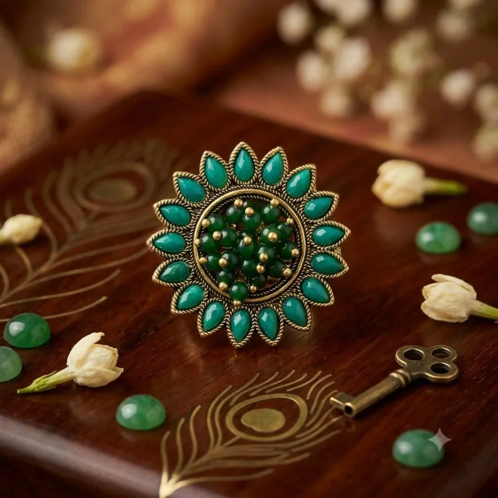 Luxury Green Crystal Flower Ring for Women | Party Wear - Detailed Feature View 2