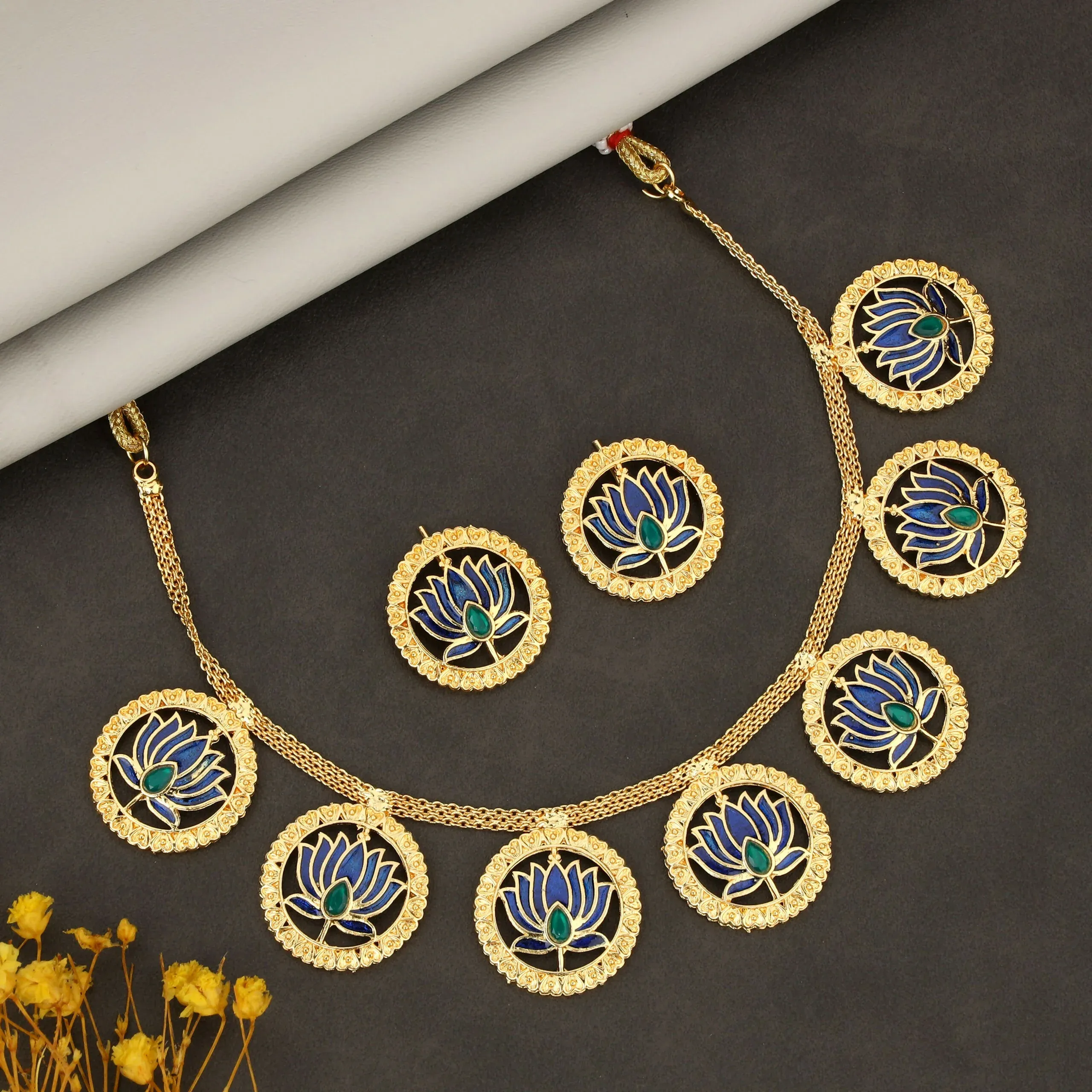 Premium Gold-Tone Pearl Choker Set – Elegant Blue-Green Crystal Design - Buy Online at Alikart