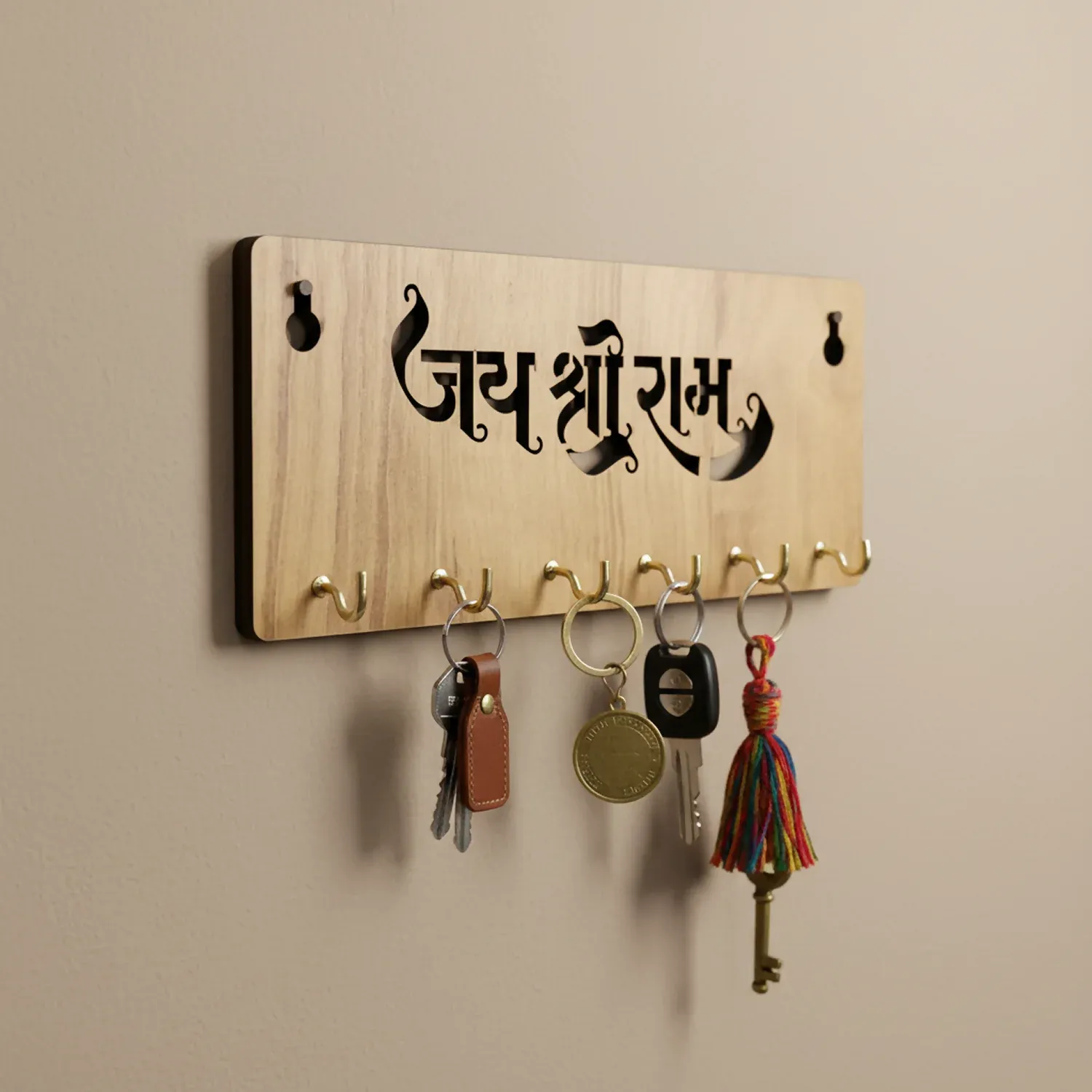 Jay Shree Ram Wooden Key Holder – Handcrafted MDF Wall Organizer - Detailed Feature View 3