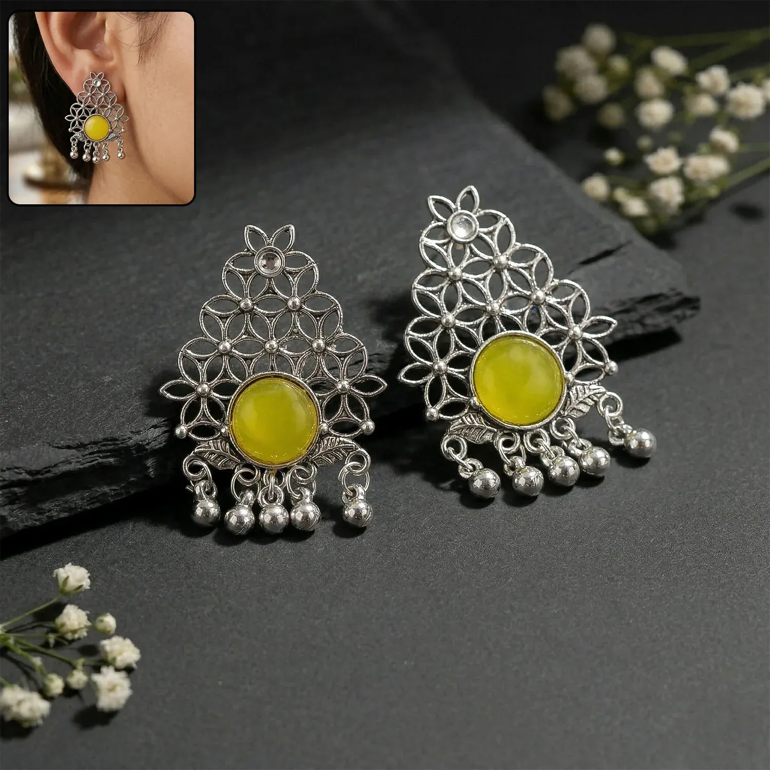 Premium Oxidized Silver Filigree Earrings – Traditional & Vibrant Style - Buy Online at Alikart