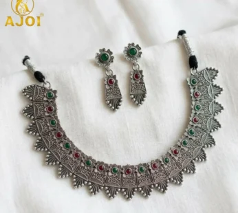 Premium Oxidised Silver-Plated Ruby Stone Choker Necklace Set