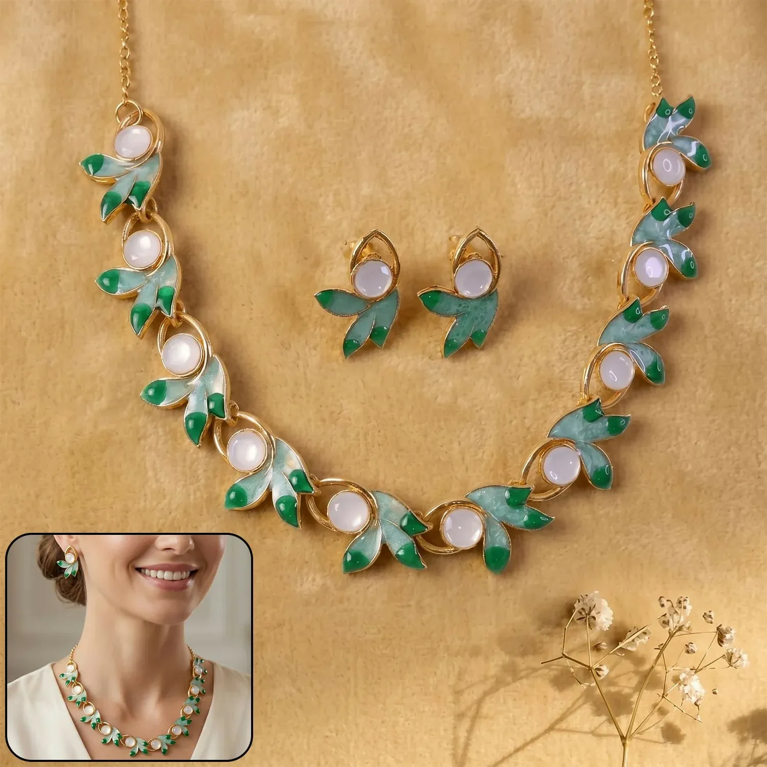 Premium Pearl Necklace Set – Elegant Green Leaf Design & Matching Earrings - Buy Online at Alikart