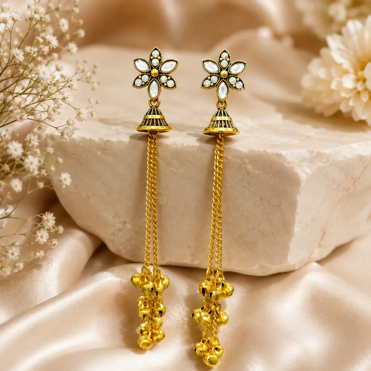Premium Gold Plated Jhumka Earrings – Floral Long Chain Design for Women - Buy Online at Alikart