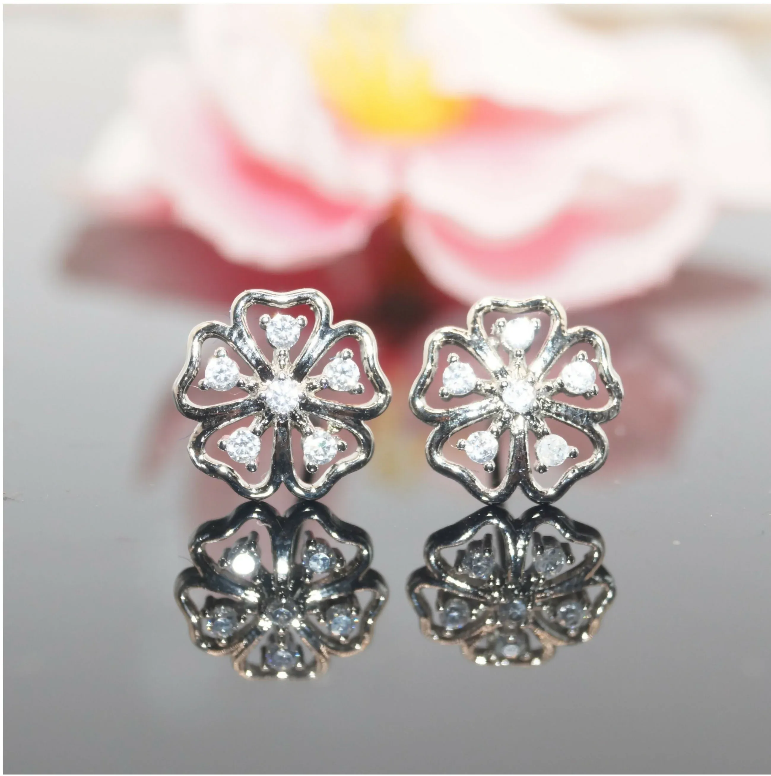 Premium Sterling Silver Floral Stud Earrings – Delicate Cubic Zirconia Design - Buy Online at Alikart