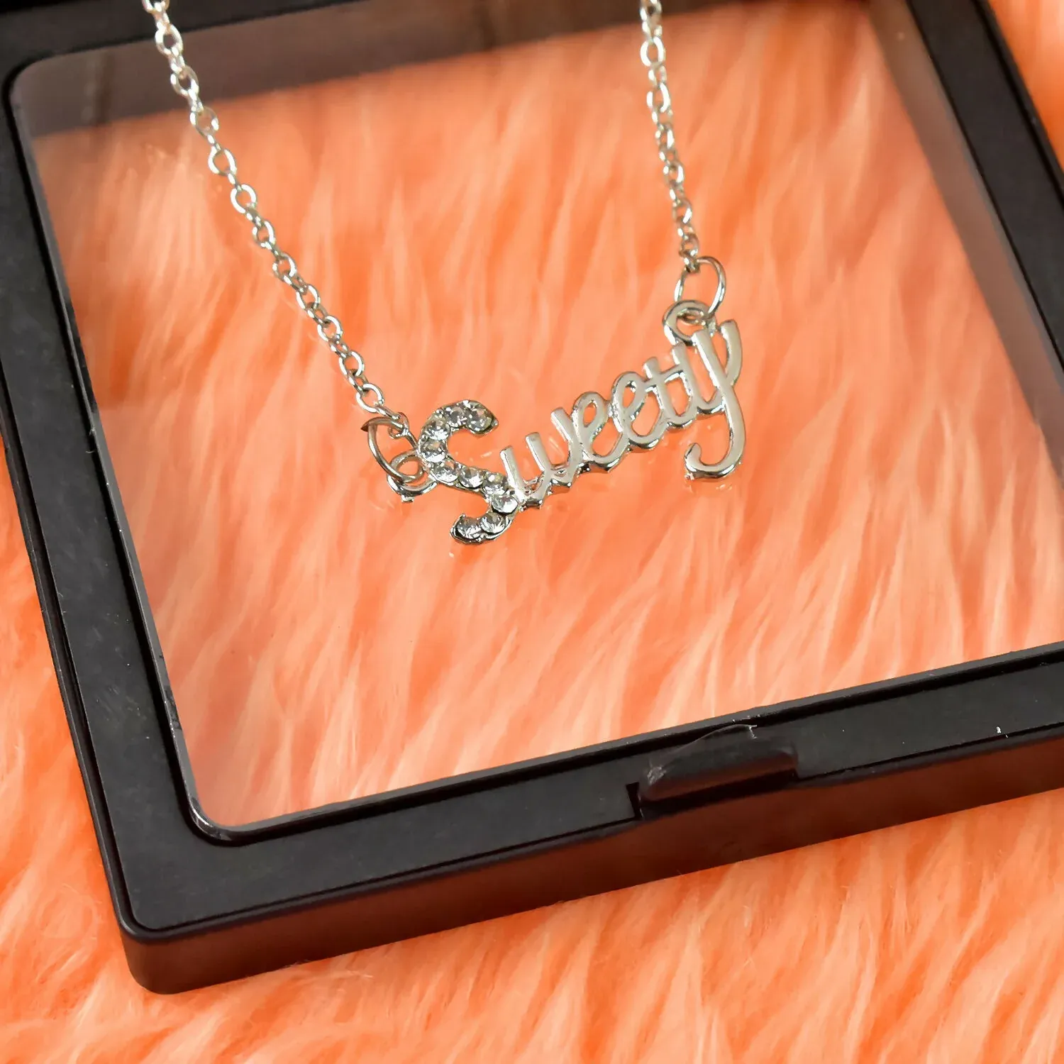 Sweety Pendant Necklace – Silver-Tone Elegant Script Design - Detailed Feature View 3