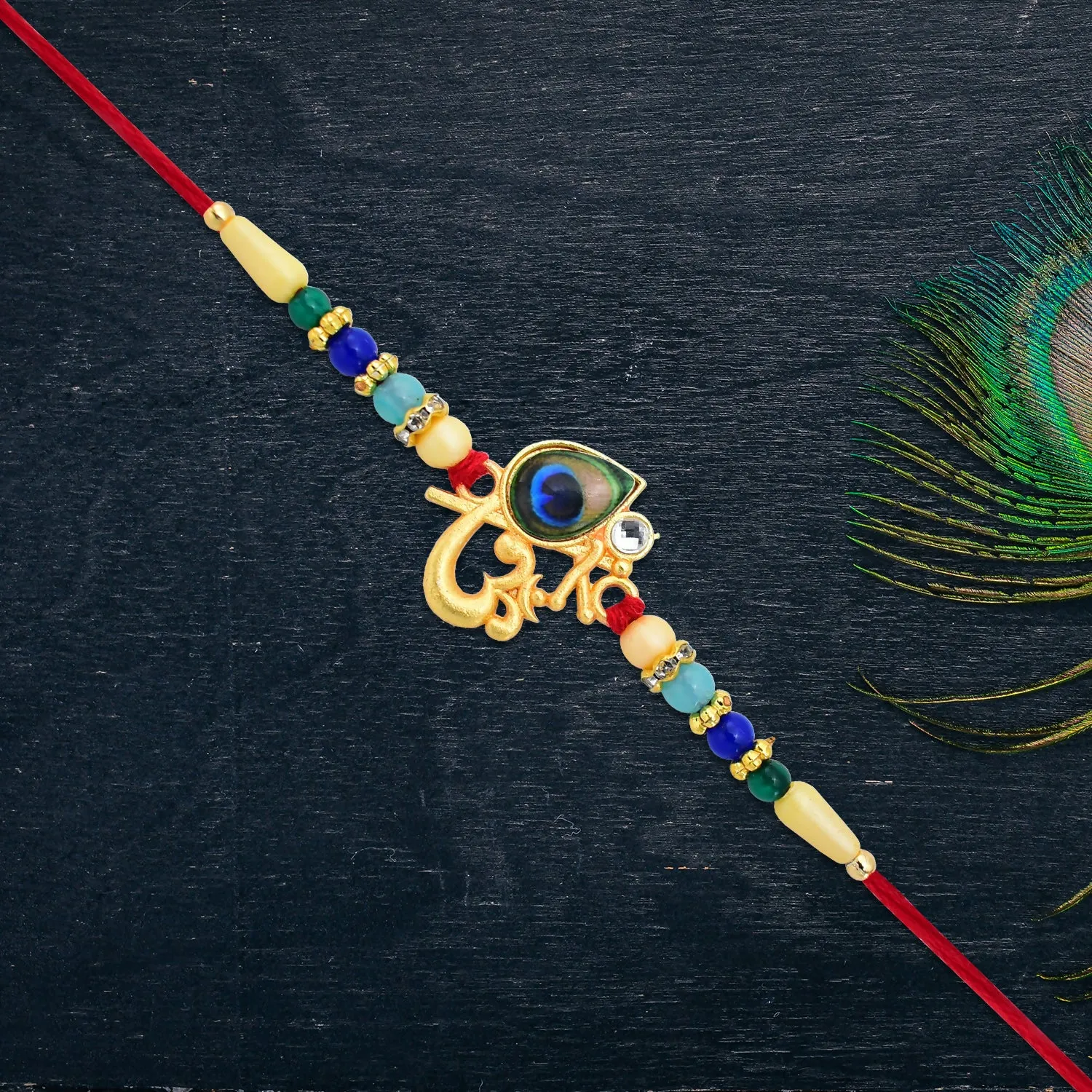 Peacock Feather Rakhi – Divine Multicolor Beads for Brother - Detailed Feature View 1