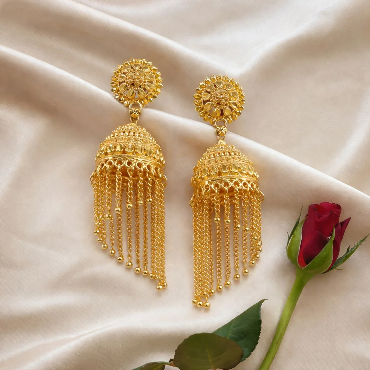 Traditional Gold Tone Jhumka Earrings – Elegant Festive Style - Detailed Feature View 3