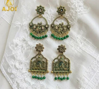 Radha Krishna Temple Earrings – Traditional Green Bead Drops for Festive Looks