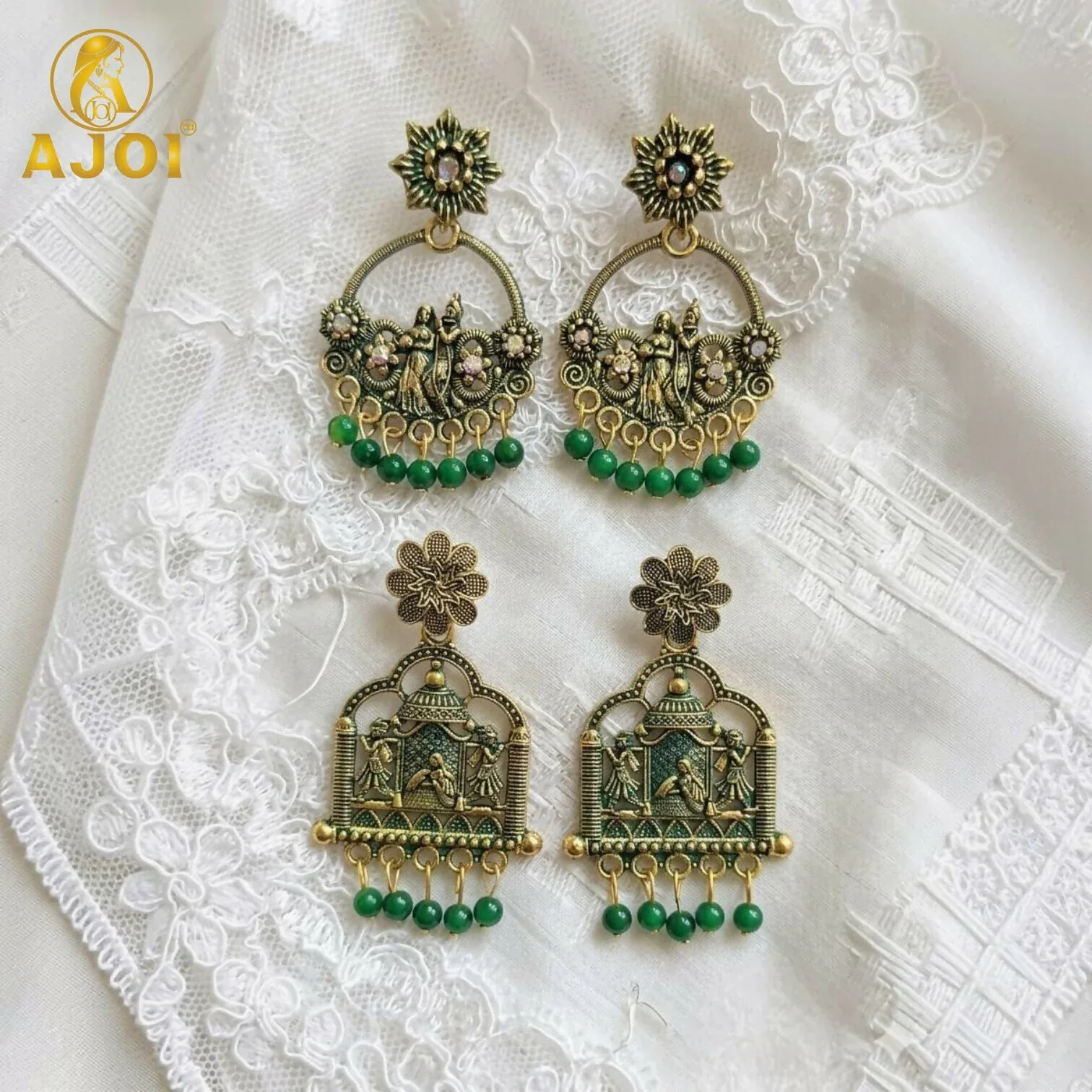 Premium Radha Krishna Temple Earrings – Traditional Green Bead Drops for Festive Looks - Buy Online at Alikart