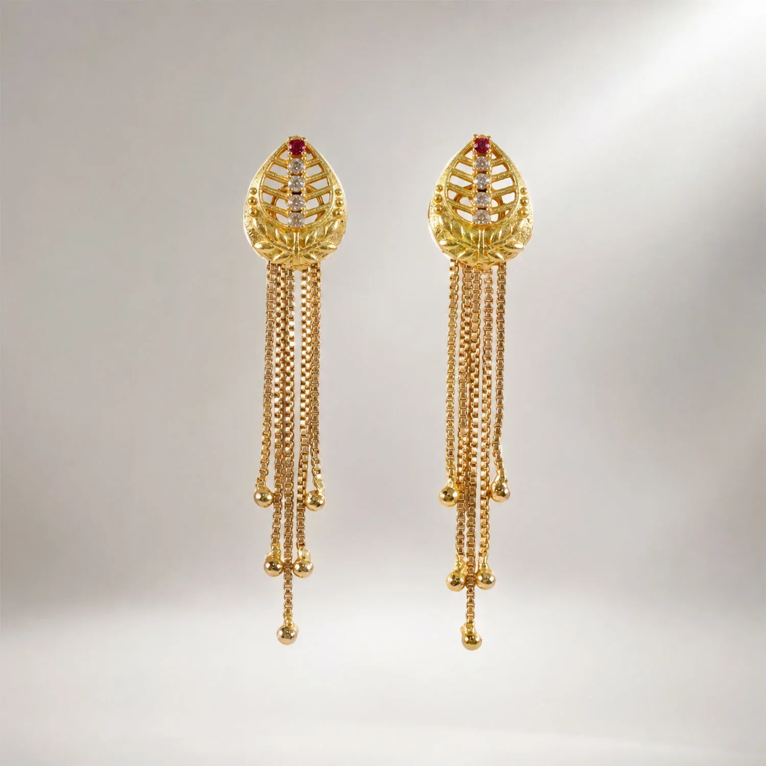 Gold Leaf-Shaped Dangle Earrings, Multi-Strand Chain Tassels & Grad... - Detailed Feature View 2