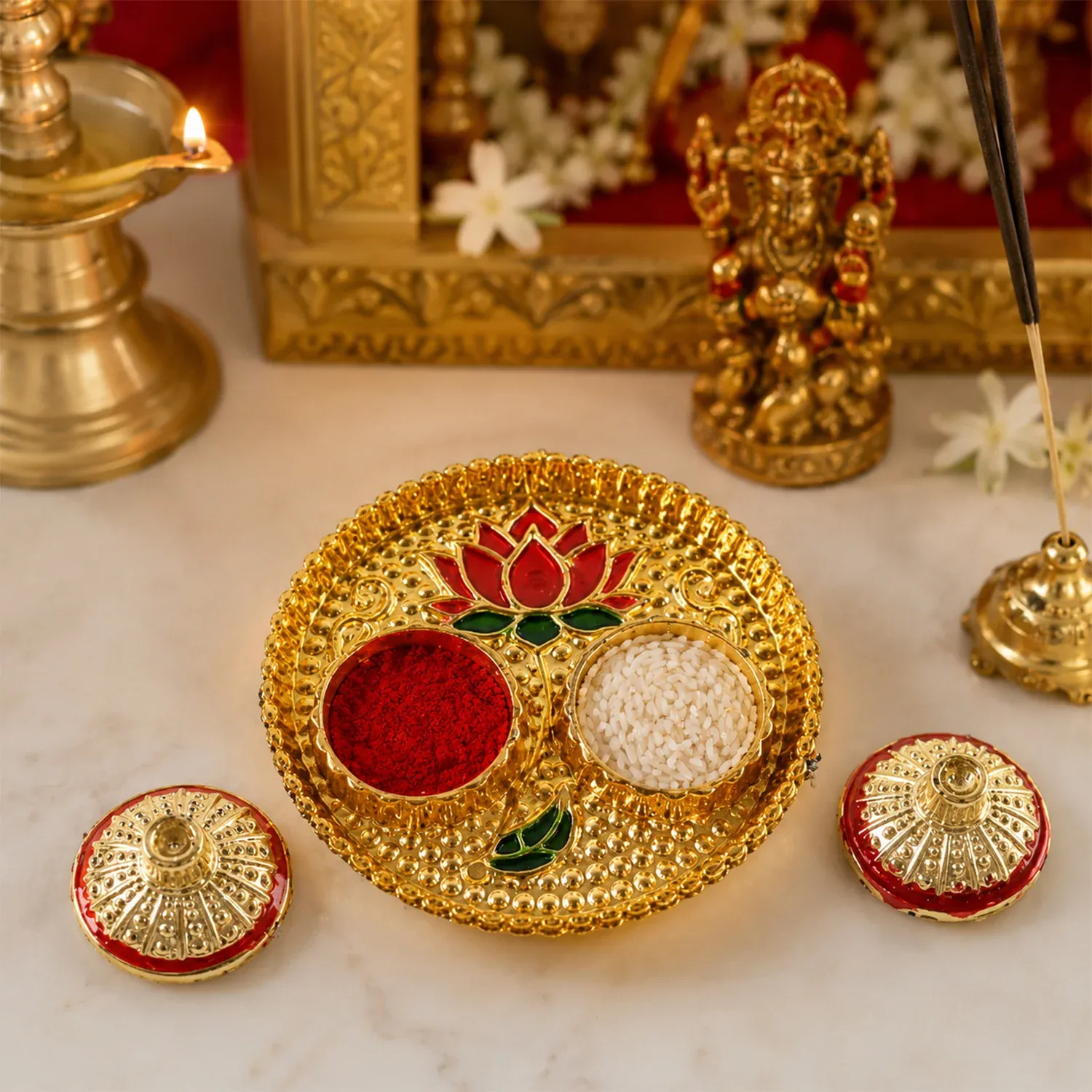 Premium Round Kankavati Kumkum Holder Decorative Pooja Thali with Lotus Design (1 Pc) - Buy Online at Alikart