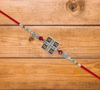 Classic Square Meenakari Rakhi – Vibrant Red & Green Accents