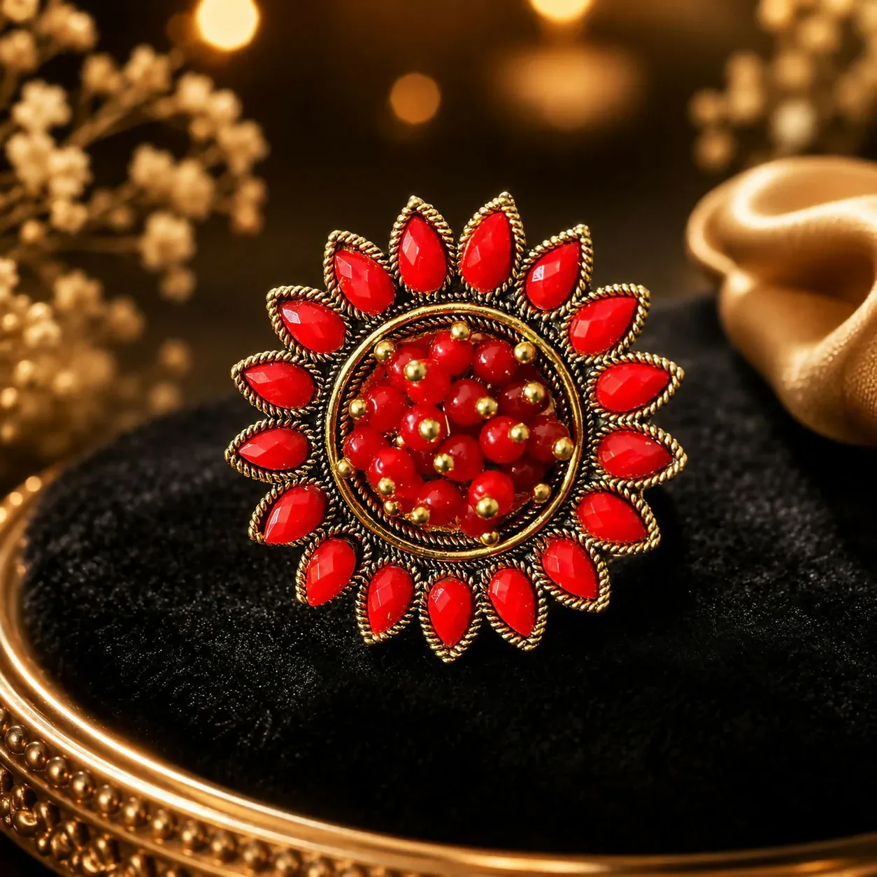 Premium Elegant Red Floral Statement Ring for Women | Vintage Gold Finish - Buy Online at Alikart