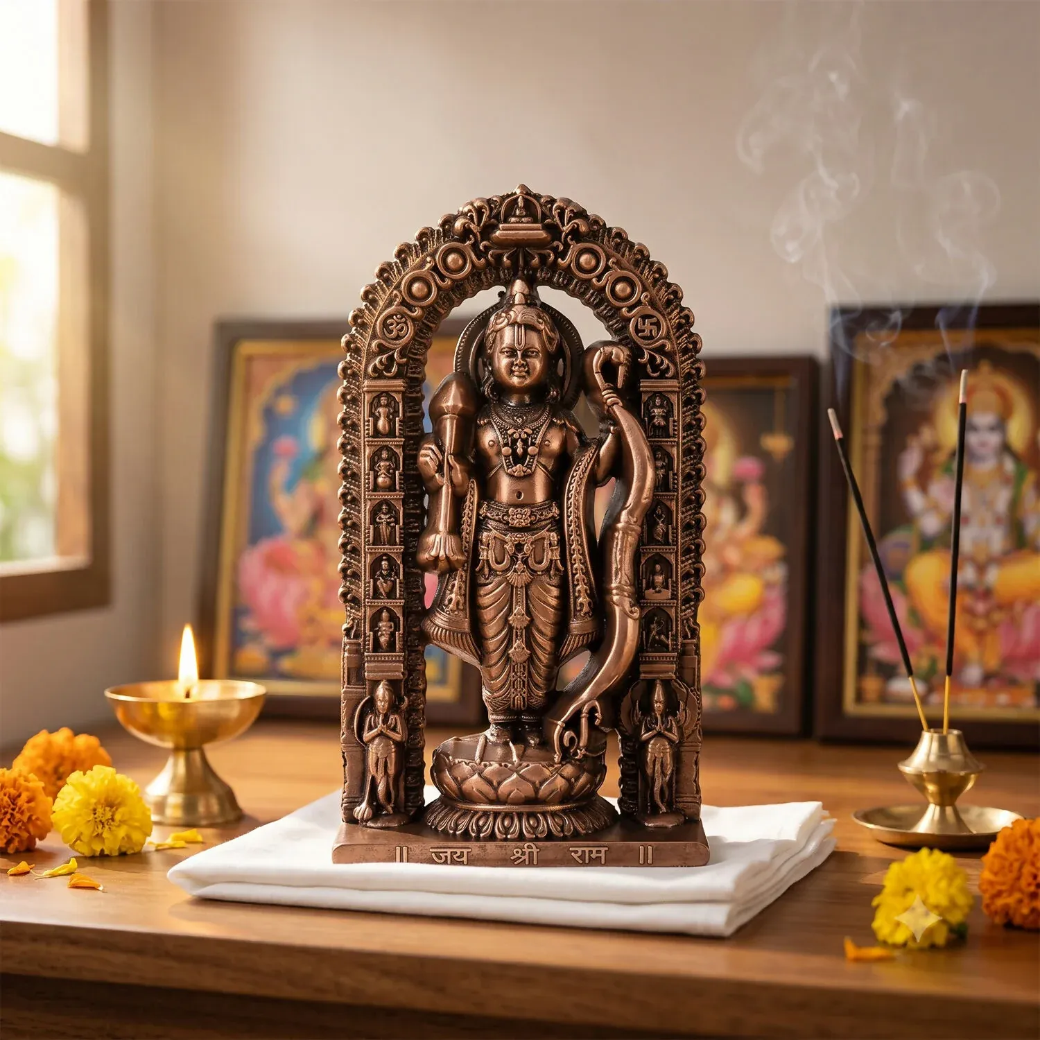 Antique Copper Finish Lord Rama Idol with Arch Frame Spiritual Home Décor Statue - Detailed Feature View 2