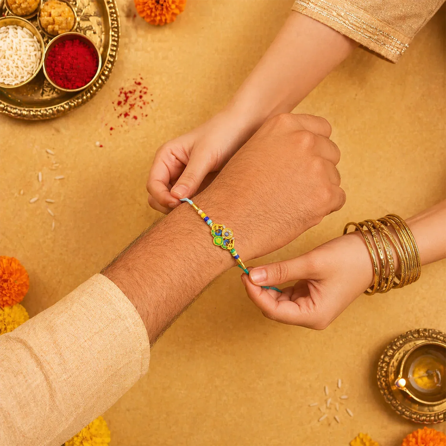 Rakhi – Traditional Colorful Beads and Yellow Thread for Brother - Detailed Feature View 3