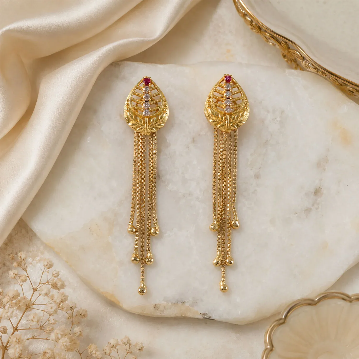 Gold Leaf-Shaped Dangle Earrings, Multi-Strand Chain Tassels & Grad... - Detailed Feature View 3