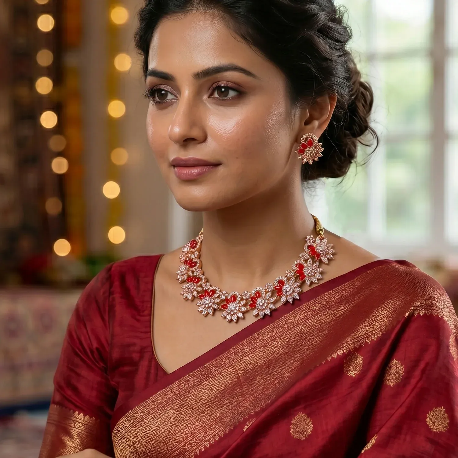 Red Stone Floral Necklace Set – Elegant Traditional Jewelry - Detailed Feature View 1