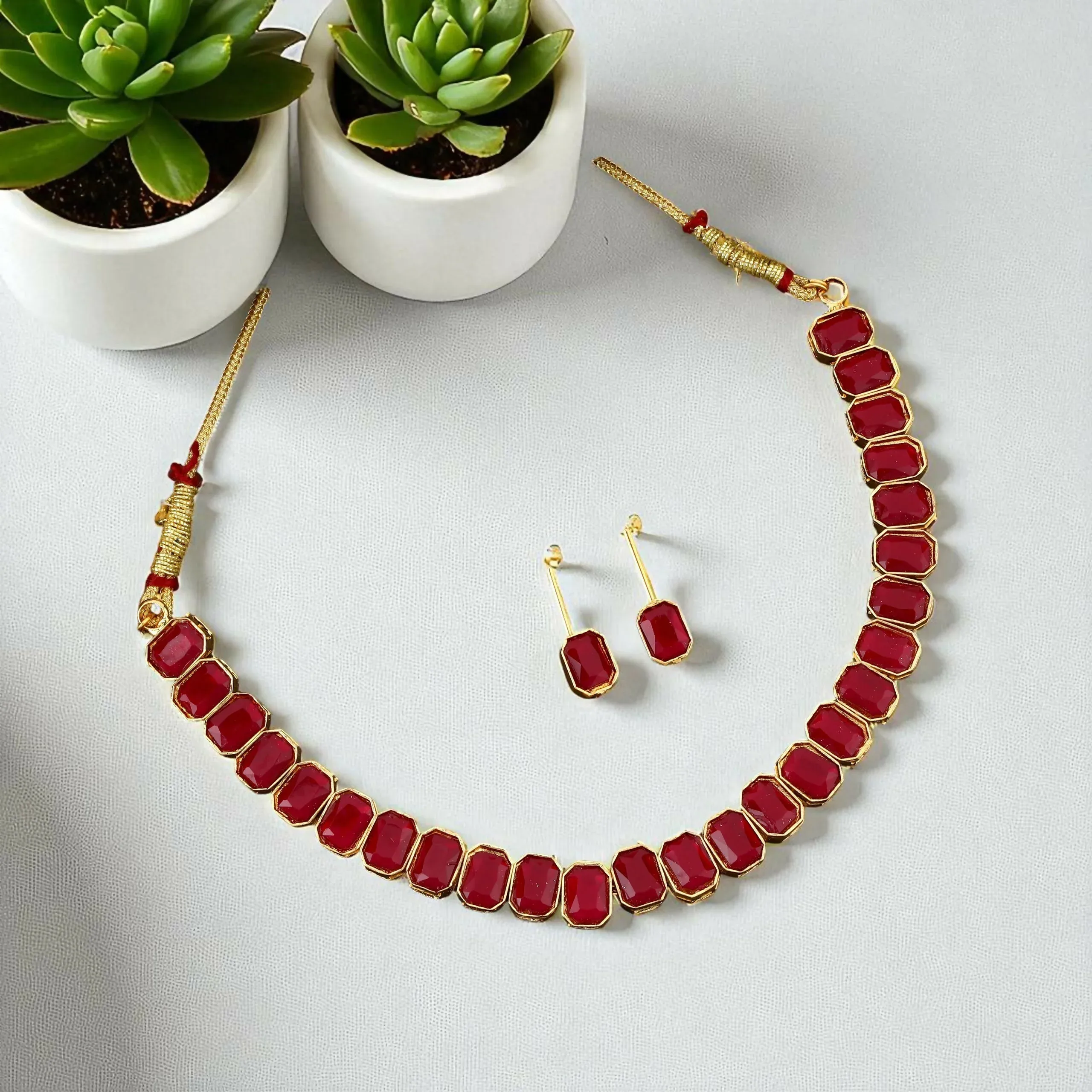 Gold-Toned Choker Set with Ruby Maroon Stones – Elegant Jewellery - Detailed Feature View 2