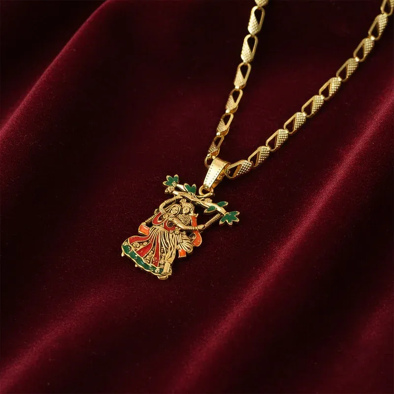 Radha Krishna Pendant – Elegant Devotional Jewelry with Designer Chain - Detailed Feature View 2