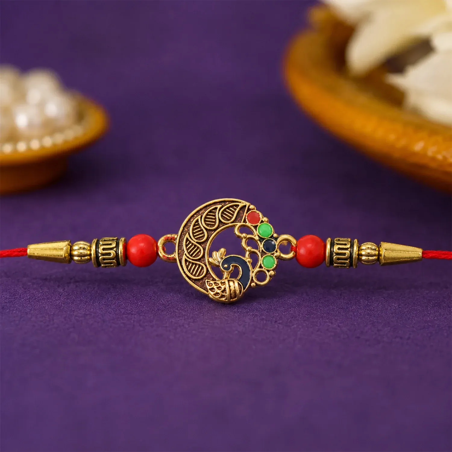 Peacock Design Rakhi, Elegant Round Traditional Rakhi - Detailed Feature View 3