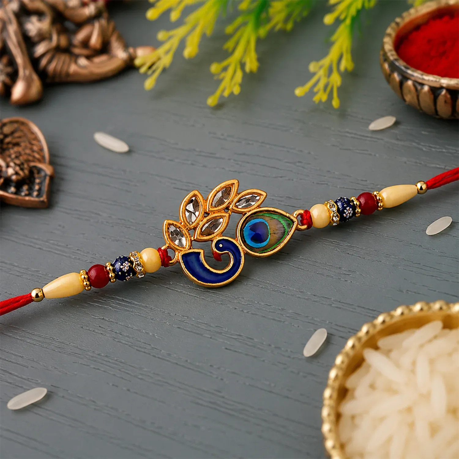 Premium Mor Pankh Rakhi – Artistic Enamel Design with Traditional Thread - Buy Online at Alikart