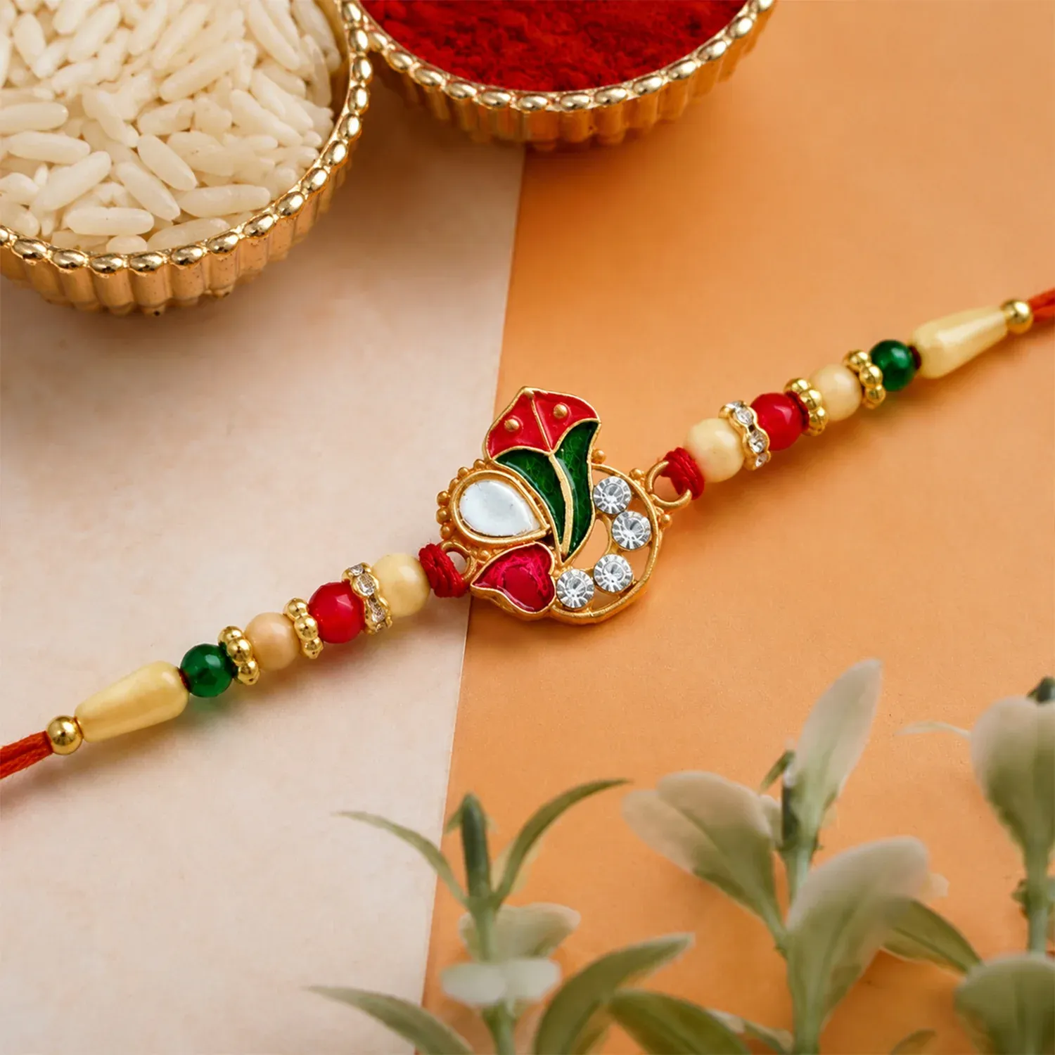 Ganpati Rakhi with Enamel Work and Traditional Beads – Divine Blessing - Detailed Feature View 1
