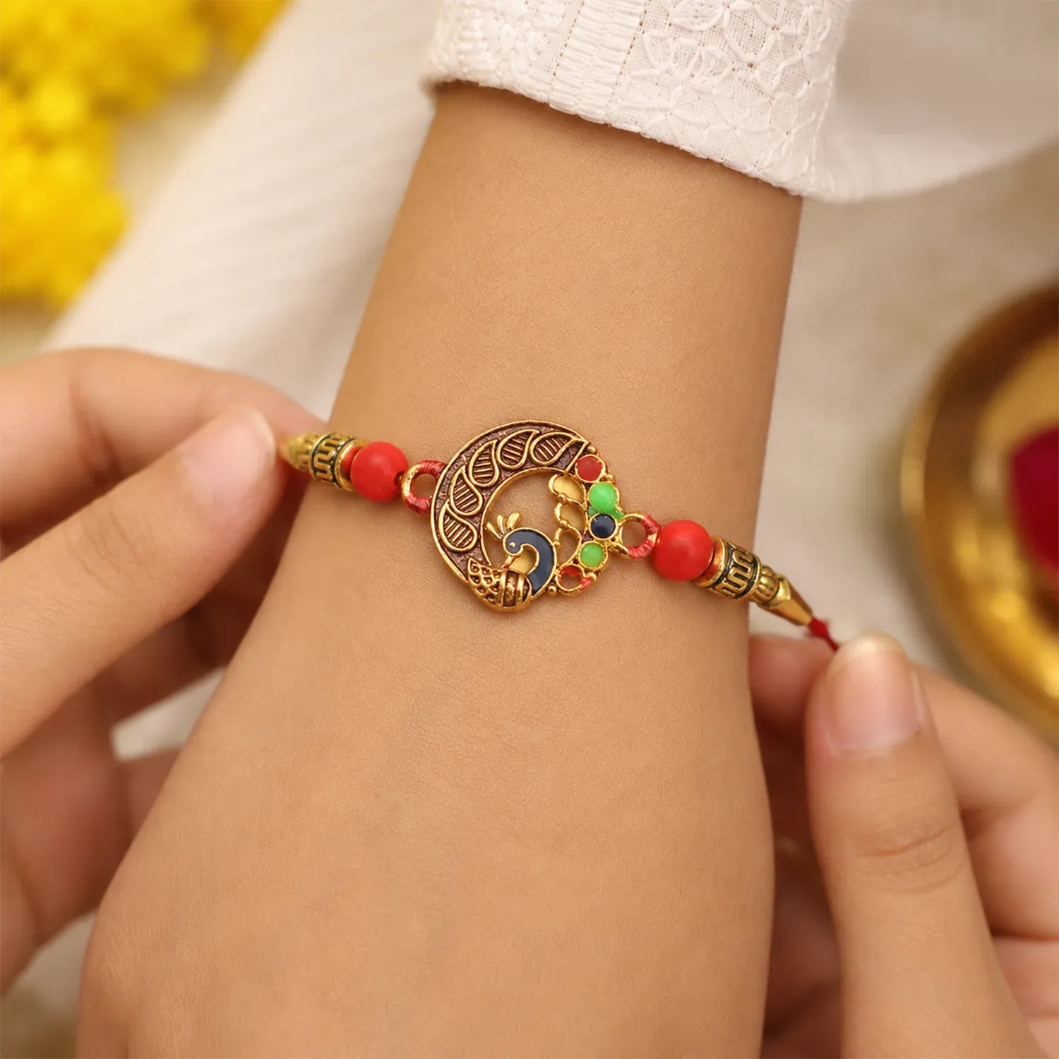 Peacock Design Rakhi, Elegant Round Traditional Rakhi - Detailed Feature View 1