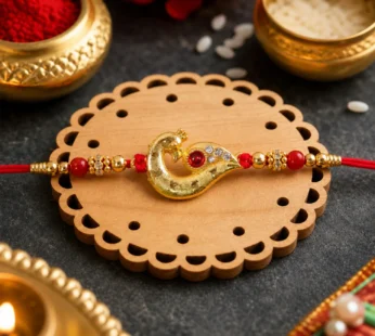 Peacock Feather Rakhi, Golden & Kundan Detailed Red Thread