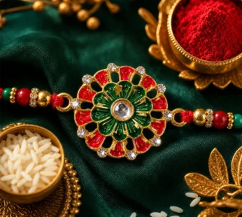Traditional Rakhi – Floral Centerpiece Red Green Beads