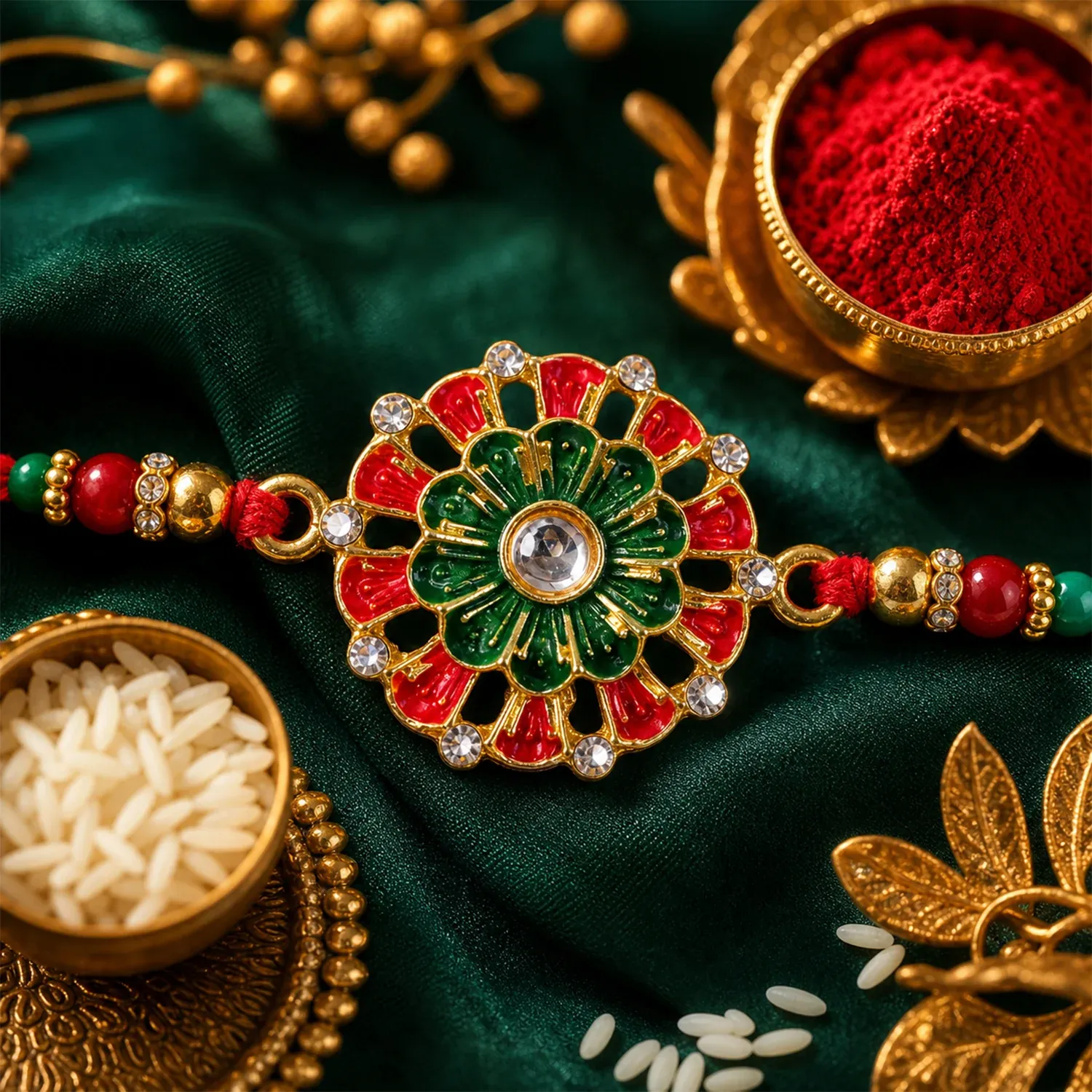 Premium Traditional Rakhi – Floral Centerpiece Red Green Beads - Buy Online at Alikart