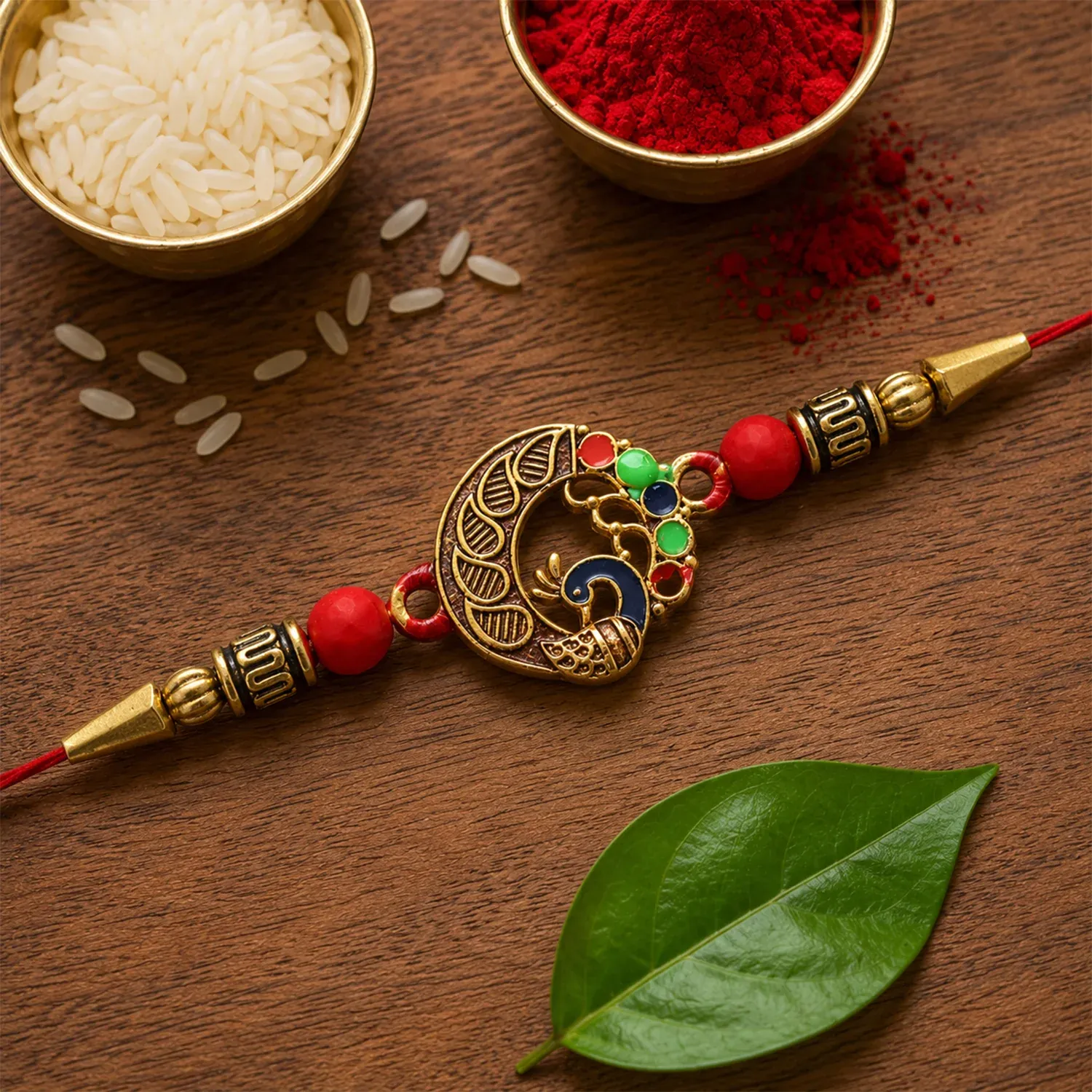Peacock Design Rakhi, Elegant Round Traditional Rakhi - Detailed Feature View 2