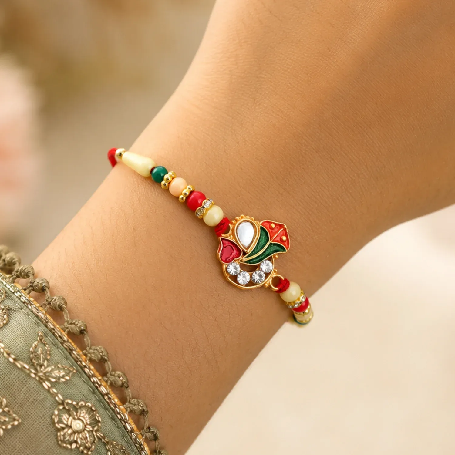 Ganpati Rakhi with Enamel Work and Traditional Beads – Divine Blessing - Detailed Feature View 3