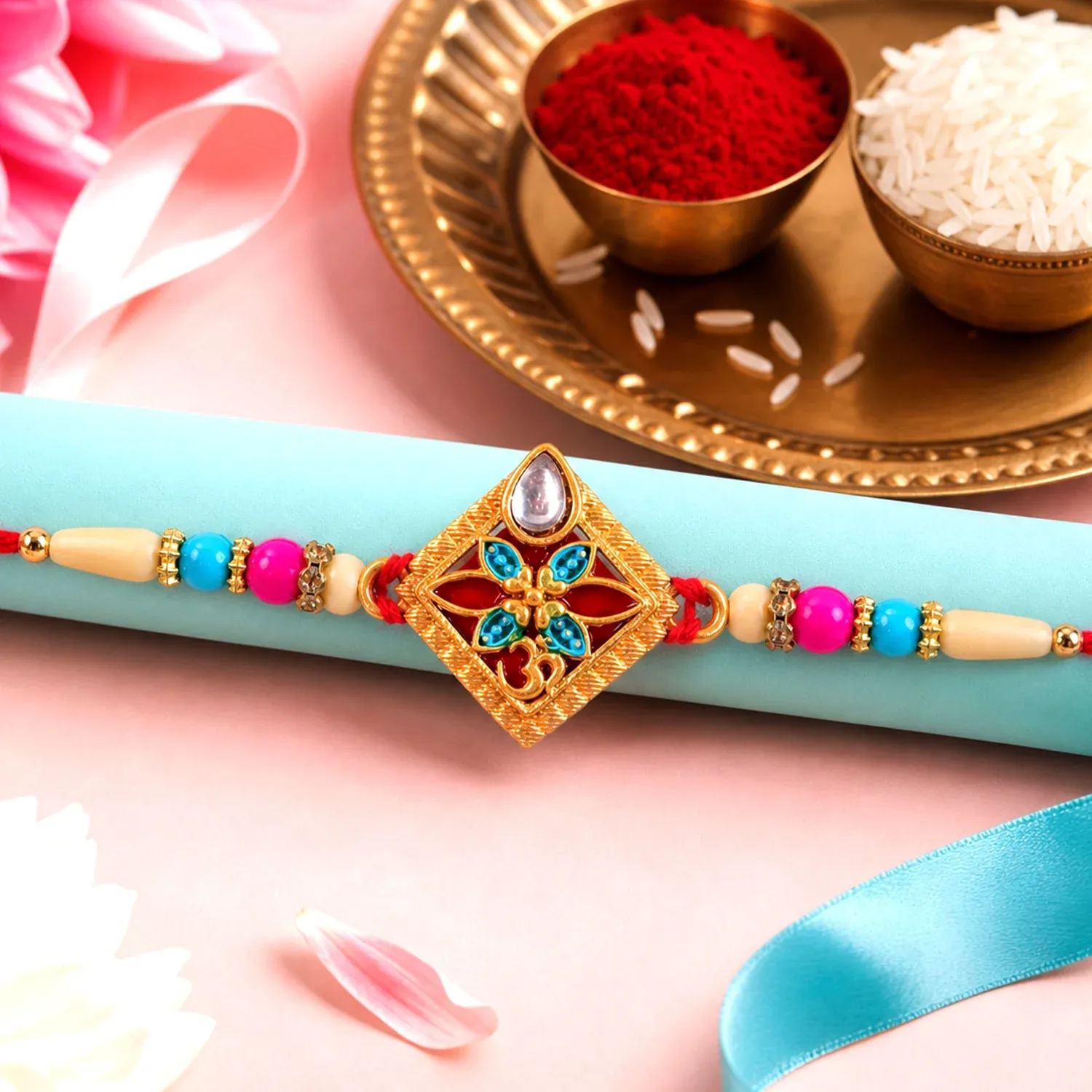 Diamond Shape Rakhi with Stone Embellishments and Beads - Detailed Feature View 3