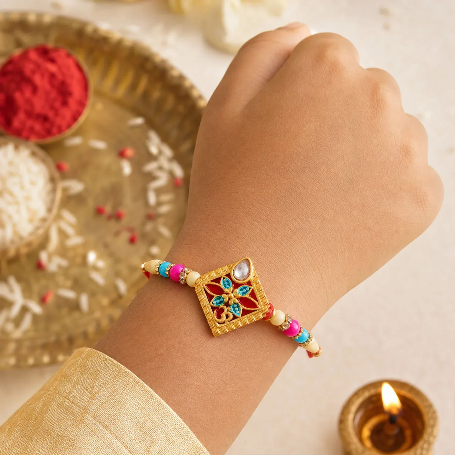 Diamond Shape Rakhi with Stone Embellishments and Beads - Detailed Feature View 2