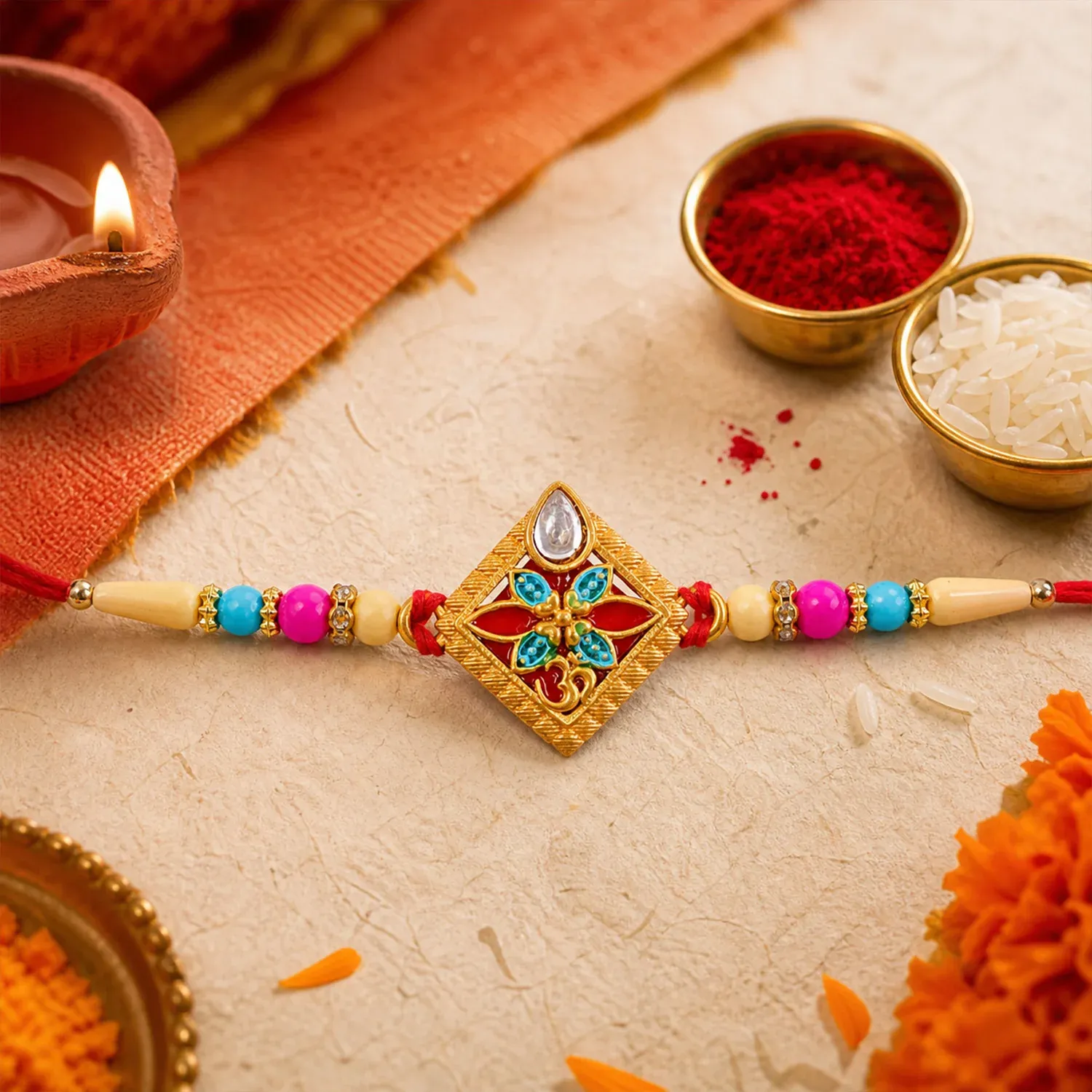 Diamond Shape Rakhi with Stone Embellishments and Beads - Detailed Feature View 1