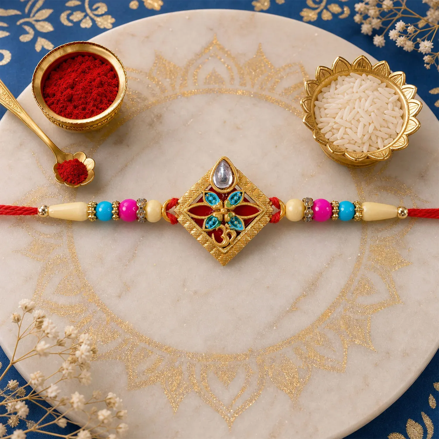 Premium Diamond Shape Rakhi with Stone Embellishments and Beads - Buy Online at Alikart