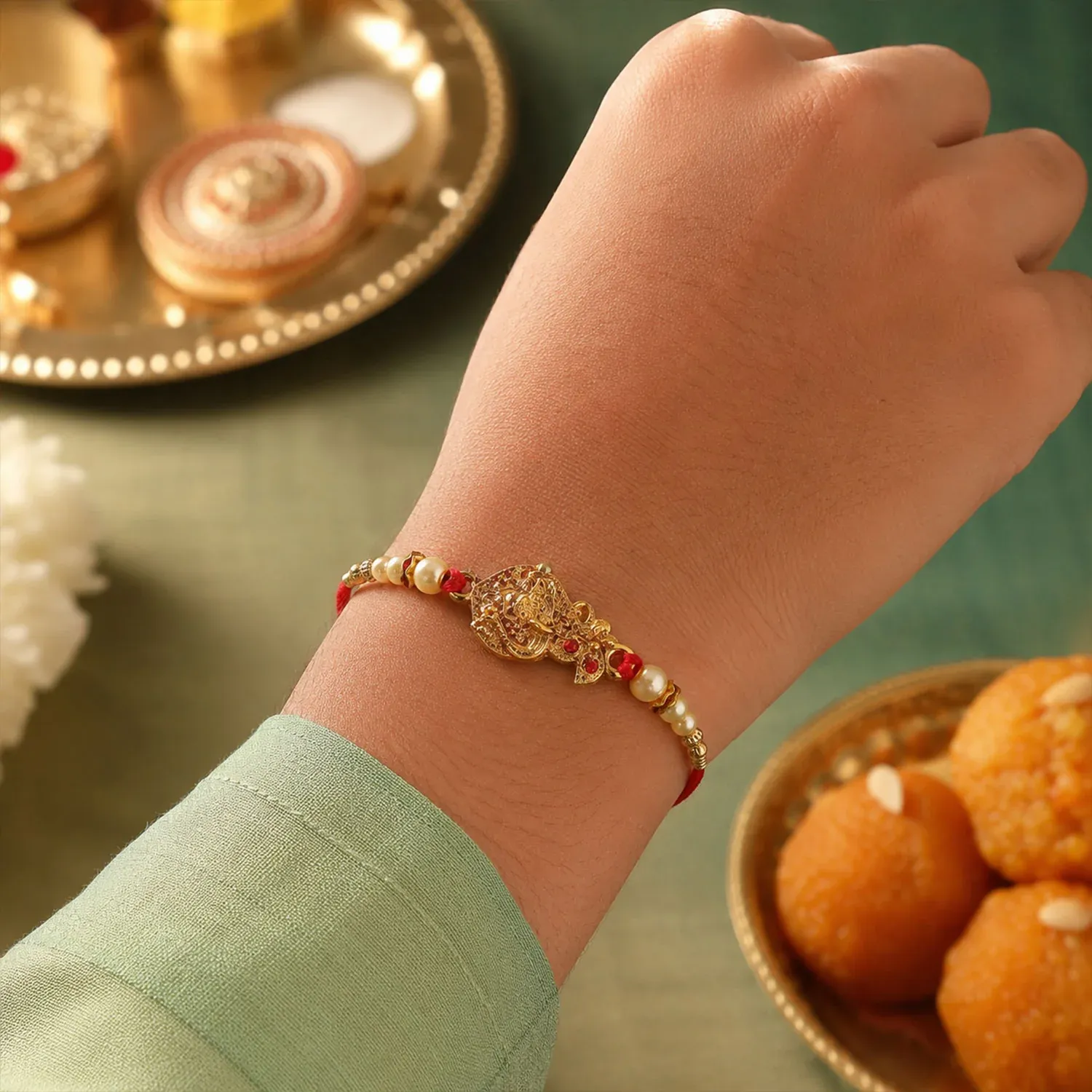 Golden Peacock Rakhi – Pearl Beads & Red Thread for Brother on Raksha Bandhan - Detailed Feature View 1