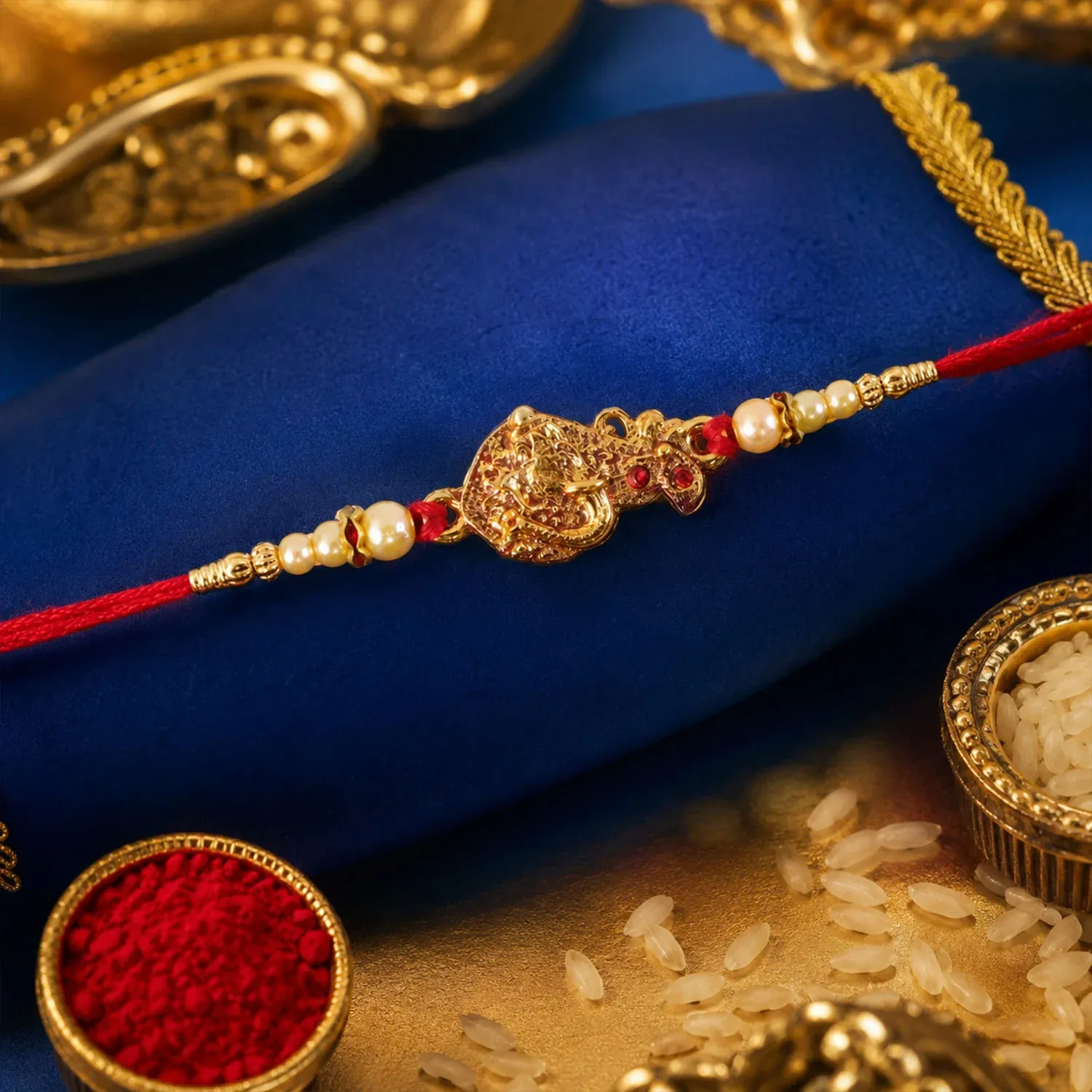 Golden Peacock Rakhi – Pearl Beads & Red Thread for Brother on Raksha Bandhan - Detailed Feature View 3