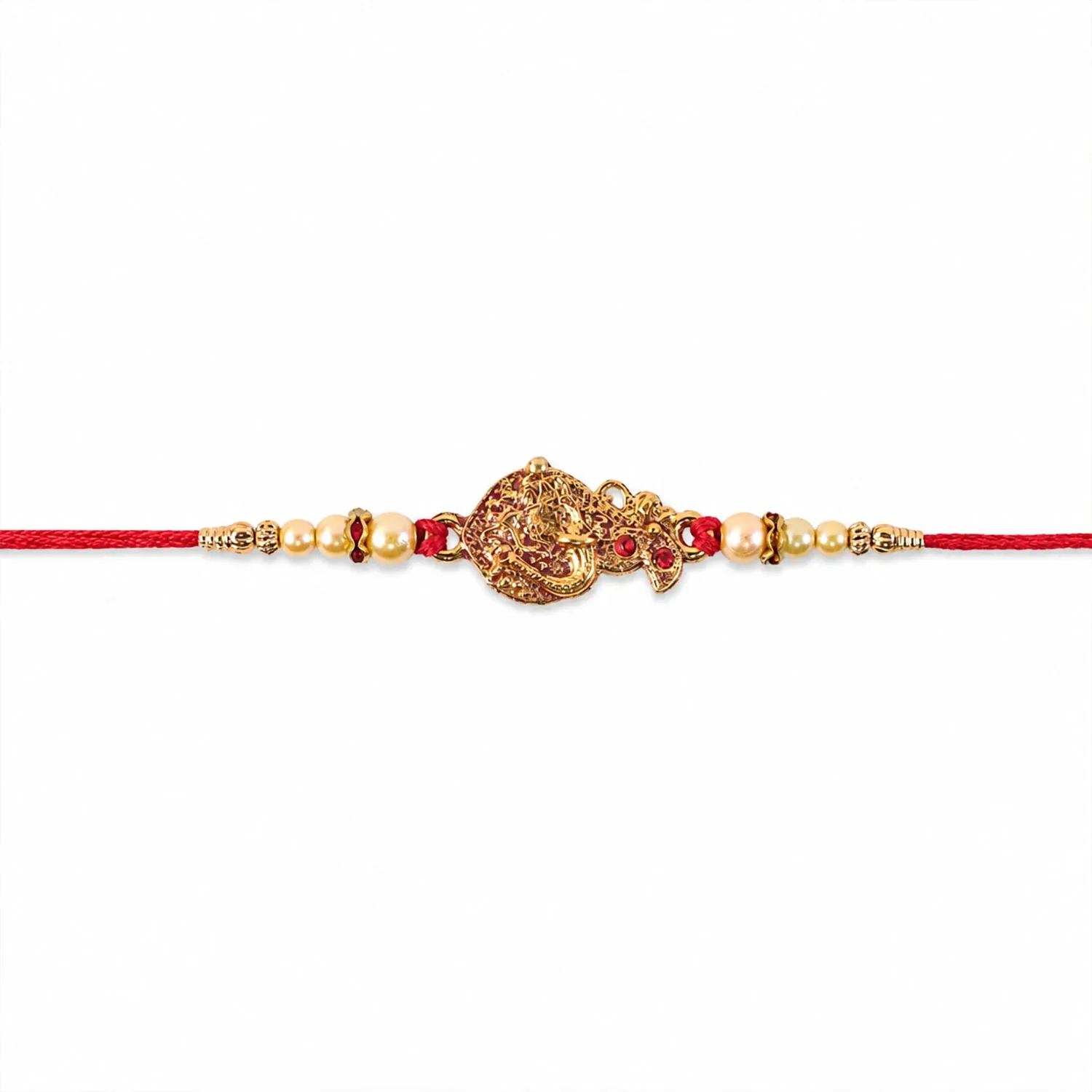 Golden Peacock Rakhi – Pearl Beads & Red Thread for Brother on Raksha Bandhan - Detailed Feature View 4