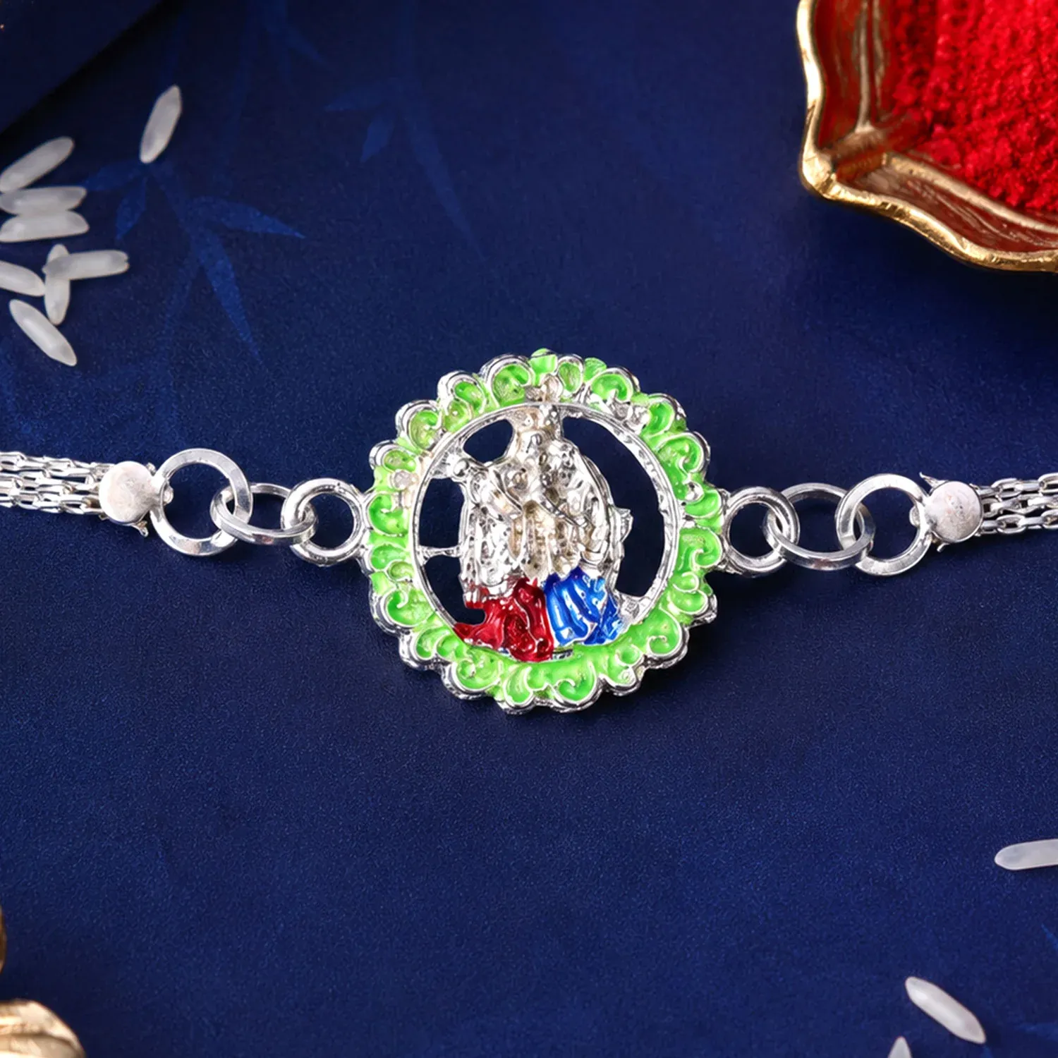 Radha Krishna Rakhi Silver Chain Design for Brothers - Detailed Feature View 1